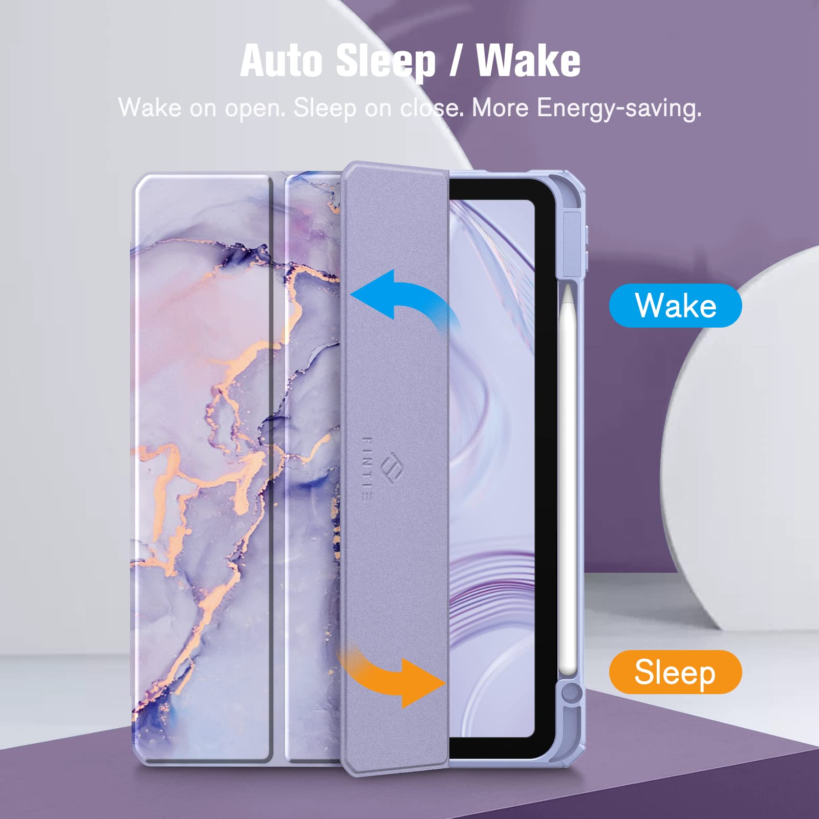 Fintie Hybrid Slim Shockproof Case for iPad Air 11-inch (M3/M2) & 10.9-inch (5th/4th Gen) - Clear Back Shell with Pencil Holder, Lilac Marble Design - Perfect for Work, School & Travel Protection
