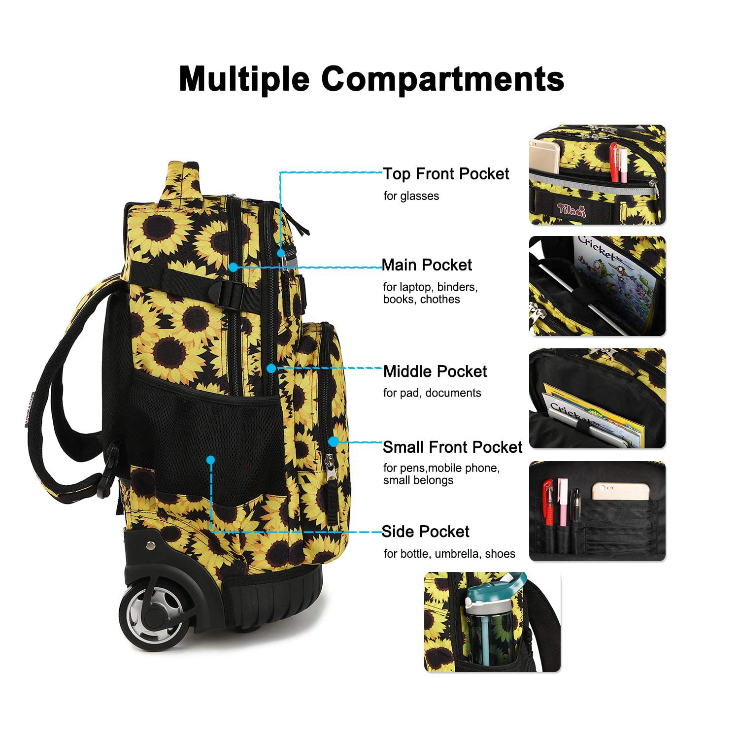 Tilami 19 Inch Rolling Backpack with Wheels & Detachable Lunch Bag - Wheeled Laptop Backpack for School, College, Travel & Work (Sunflower Yellow) - Perfect for Commuting, Business Trips & Campus Life