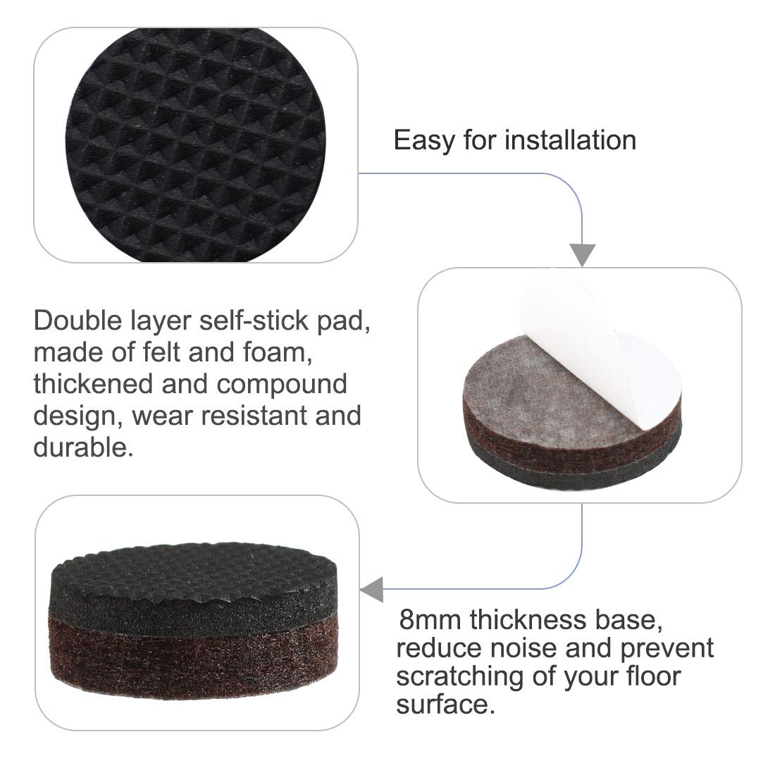 16pcs 1 Inch Round Furniture Felt Pads - Self Adhesive Non-Slip Grippers for Cabinet, Desk & Chair Legs - Brown Floor Protectors for Hardwood & Tile Floors