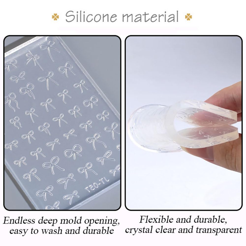 3D Bow Nail Charms Silicone Mold - DIY Embossed Bowknot Nail Art Design with Scraper for Gel Polish, Acrylic Nails - Perfect for Manicure, Pedicure & Nail Salon Decorations