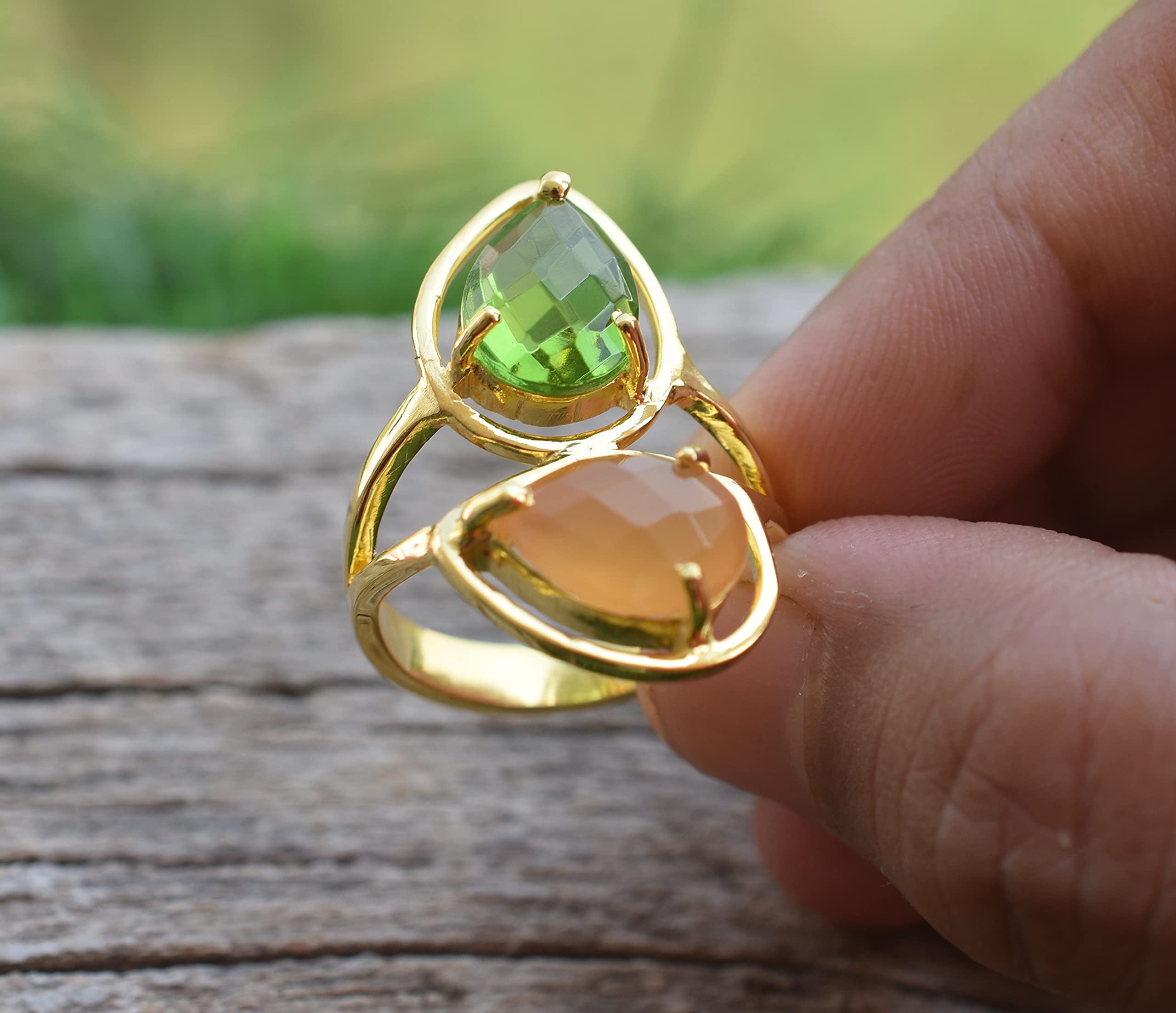 Veracity Jewelry 18K Gold Plated Peridot & Peach Moonstone Ring for Women - Handmade Multi Gemstone Ring - Elegant Gift for Girlfriend, Mother, Wife - Perfect for Weddings, Anniversaries & Special Occasions