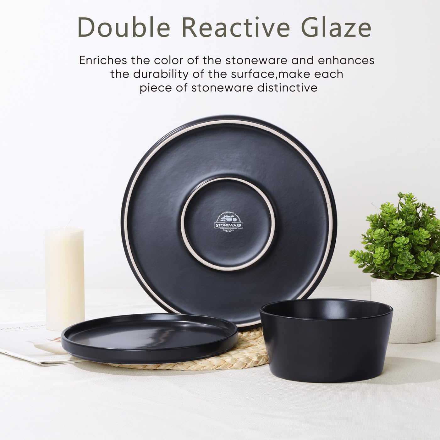 Herogo 18-Piece Stoneware Dinnerware Set for 6, Includes Dinner Plates & Bowls, Reactive Glaze Kitchen Dishes - Chip Resistant, Microwave & Dishwasher Safe, Matte Black - Perfect for Family Dinners, Restaurants, and Entertaining Guests