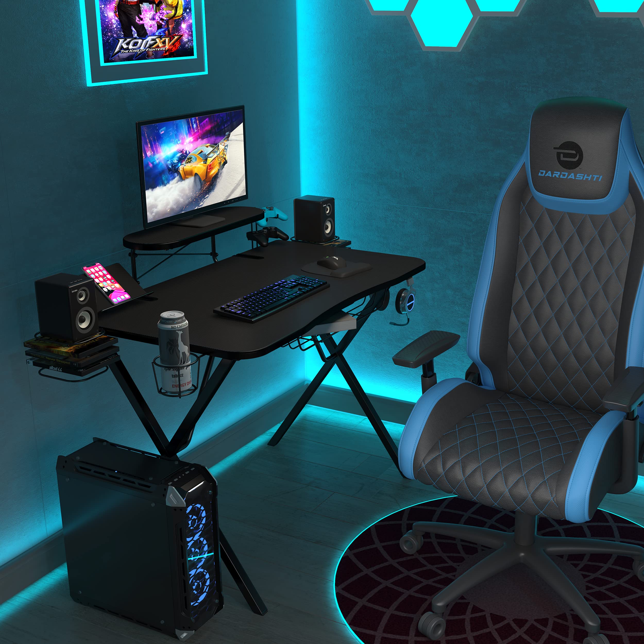 Atlantic Gaming Desk with Carbon-Fiber Desktop, X-Legs & Monitor Stand - Ergonomic Computer Desk for PC Gamers with Phone Holder & Speaker Stands (Black) - Perfect for Streaming, Esports & Home Office Setup