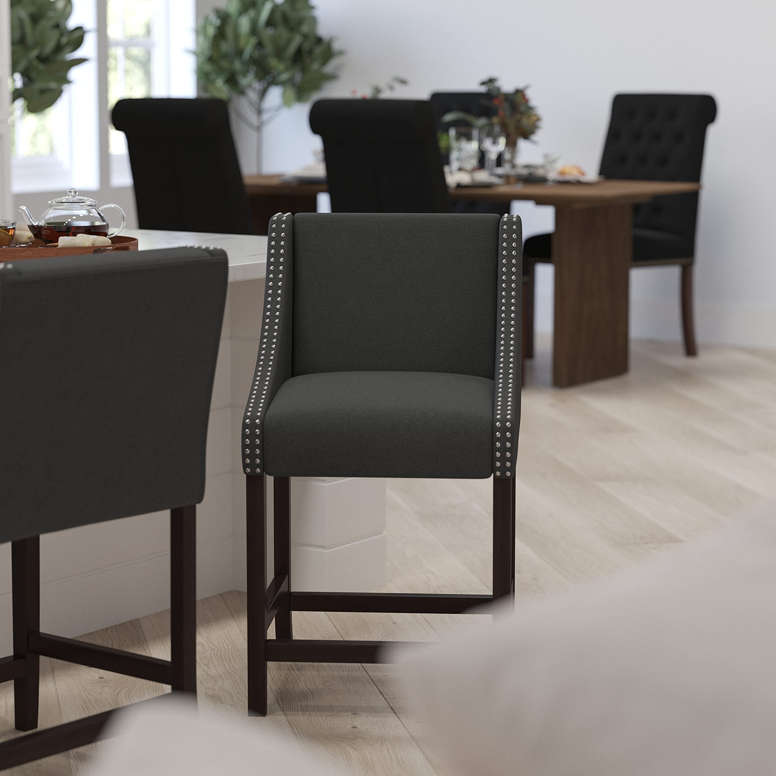 Merrick Lane Taylorsville 24 Inch Walnut Counter Height Bar Stool with Nailhead Trim - Charcoal Fabric Upholstered Dining Stool for Kitchen Island, Breakfast Nook & Home Bar