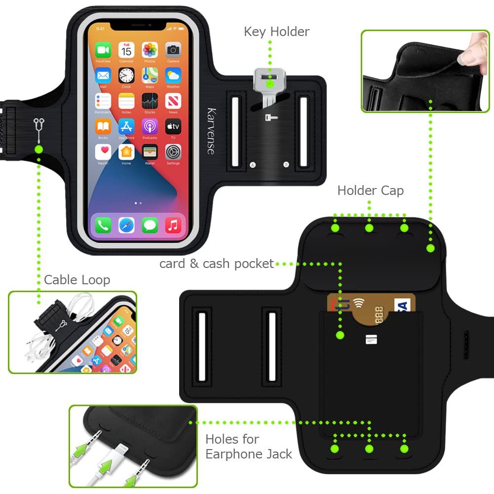 Karvense Running Phone Arm Band - Adjustable & Sweat-Proof Phone Holder for iPhone 13 mini/12 mini/11 Pro/SE/XS/8/7, Samsung Galaxy & Moto (Fits Phones up to 5.4