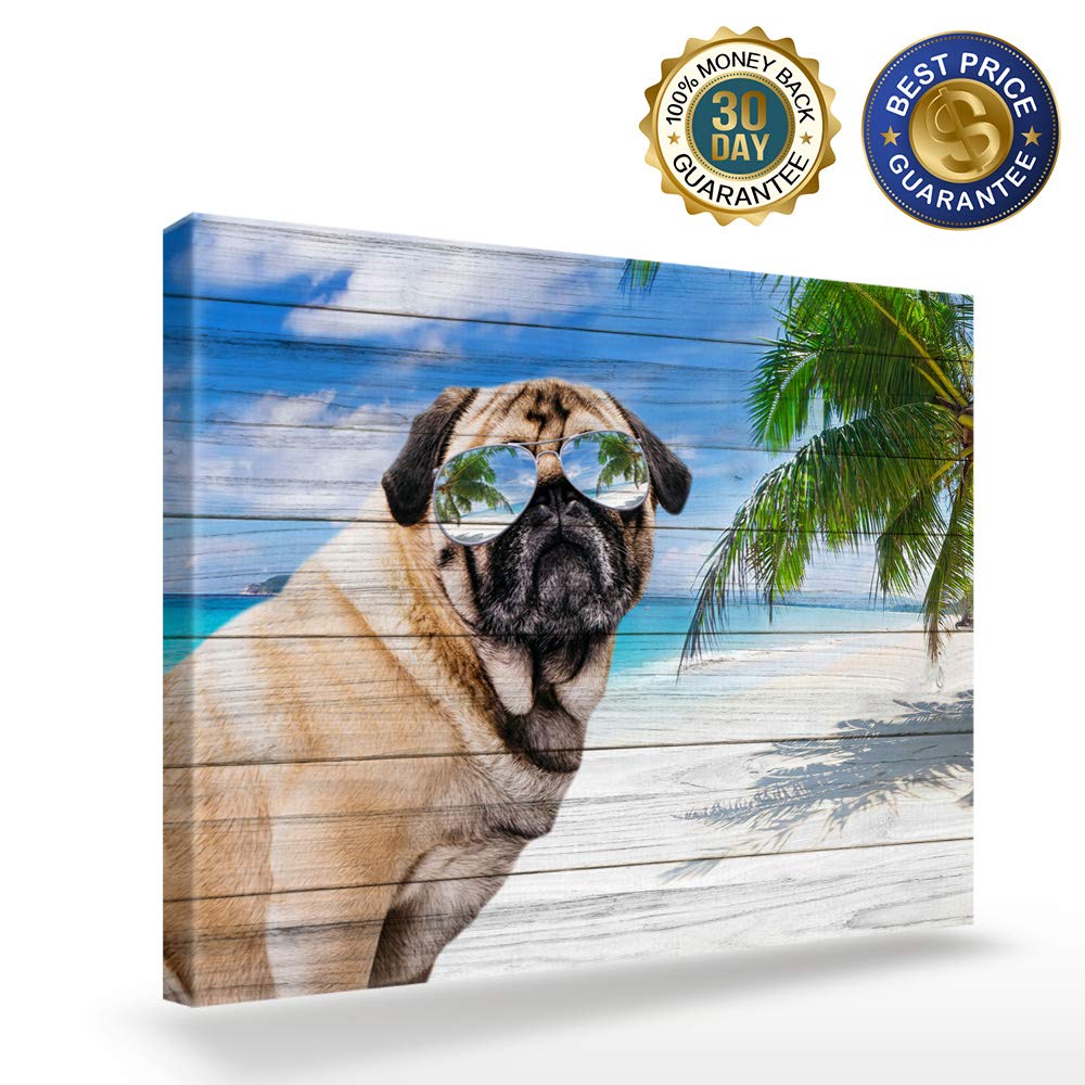 Chucoco Cool Pug Dog with Sunglasses Canvas Wall Art - Summer Beach Painting on Stretched Framed Canvas - Ready to Hang Home Decor - Perfect for Living Room, Bedroom & Office Wall Decor