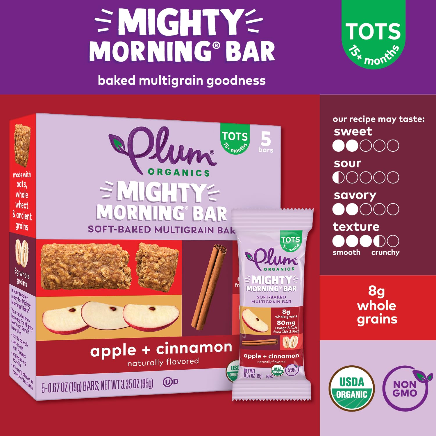 Organic Toddler Snack Bars - Apple Cinnamon (5 Pack) for Healthy Breakfast On-the-Go
