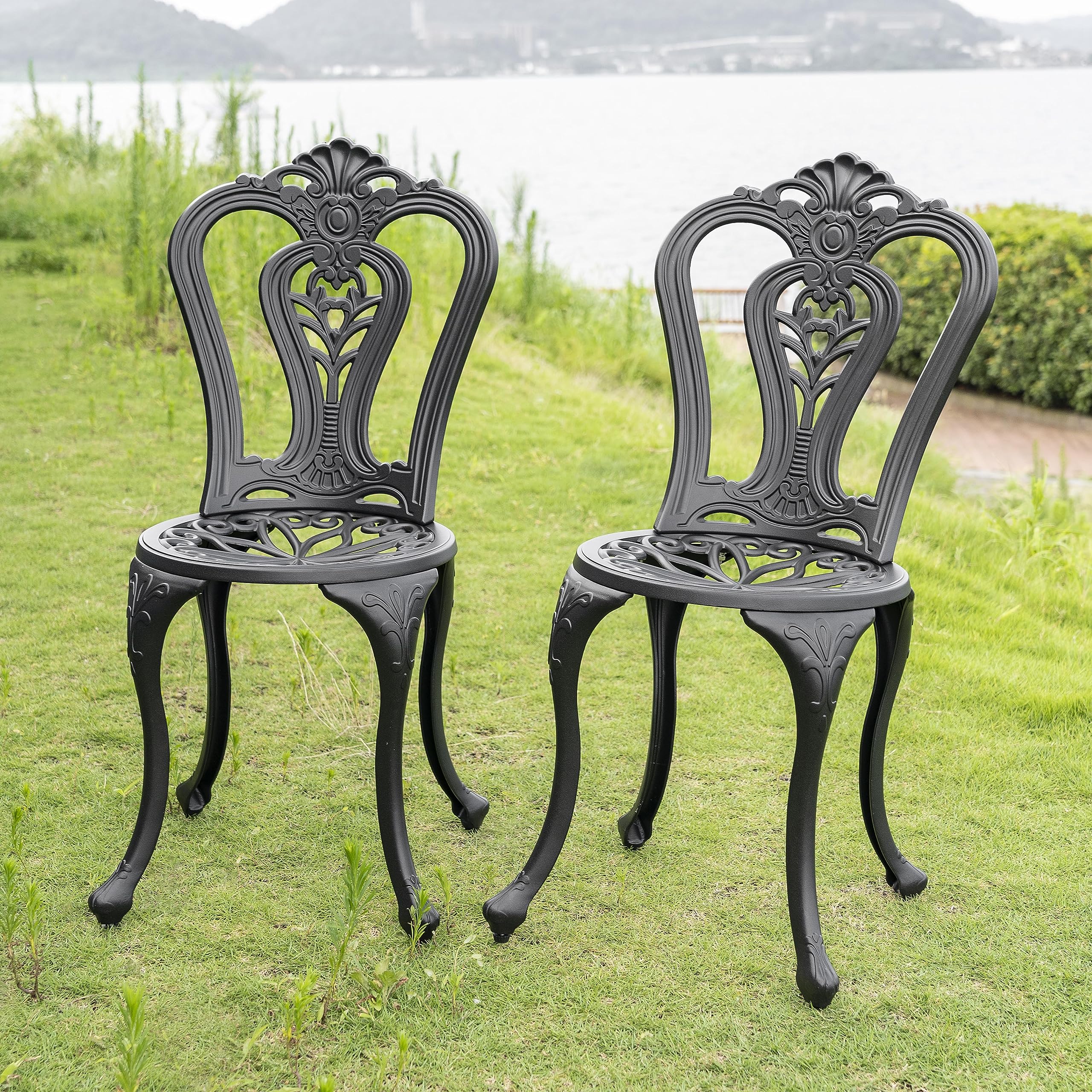 NUU GARDEN 2-Pack Cast Aluminum All-Weather Outdoor Dining Chairs - Patio, Garden, Balcony & Backyard Bistro Seating - Durable Indoor/Outdoor Use for Restaurants, Cafes & Home Decor (Black)