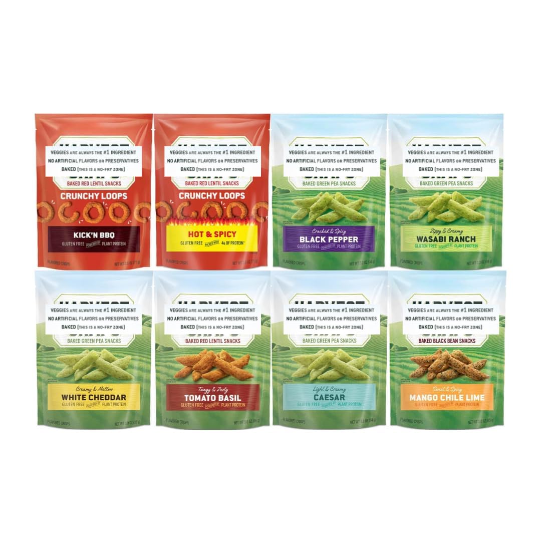 Crunchy Variety Pack Veggie Chips - 8 Delicious Flavors (White Cheddar, Wasabi Ranch, Tomato Basil, Mango Chili Lime, Black Pepper, Kick'n BBQ, Hot & Spicy, Caesar) | Healthy Gluten-Free Snacks for Parties, Office, School Lunch & Movie Nights
