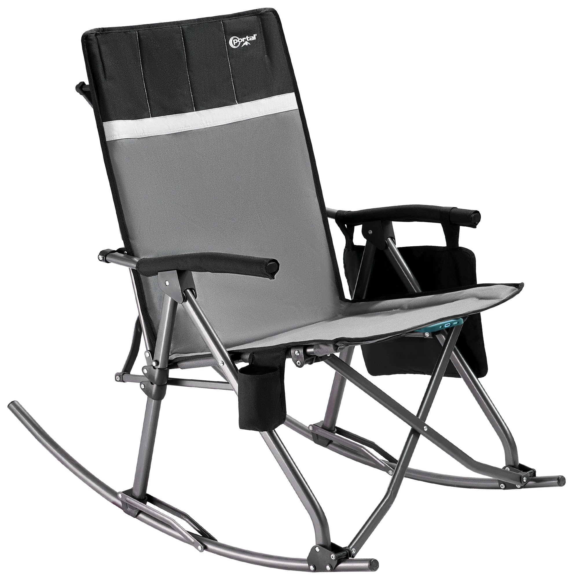 PORTAL Oversized Folding Rocking Camping Chair - Heavy Duty 400 lbs Capacity, Padded High Back Support, Hard Armrests, Portable with Carry Bag - Perfect for Outdoor Adventures, Beach Trips, Backyard Relaxation & Camping (Grey)