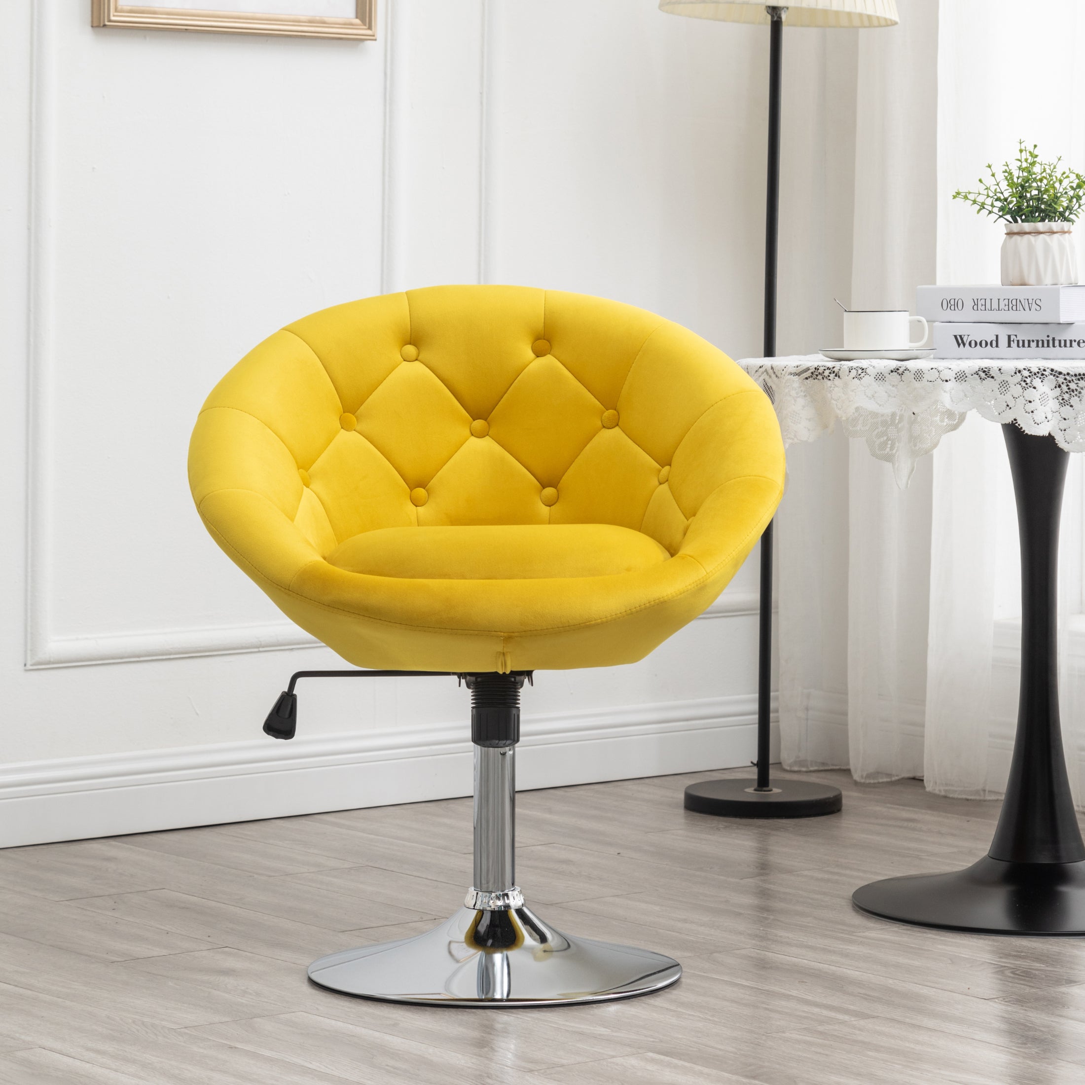 Roundhill Furniture Noas Velvet Upholstered Tufted Back Swivel Accent Chair - Yellow Velvet Lounge Chair for Living Room, Bedroom & Office Decor