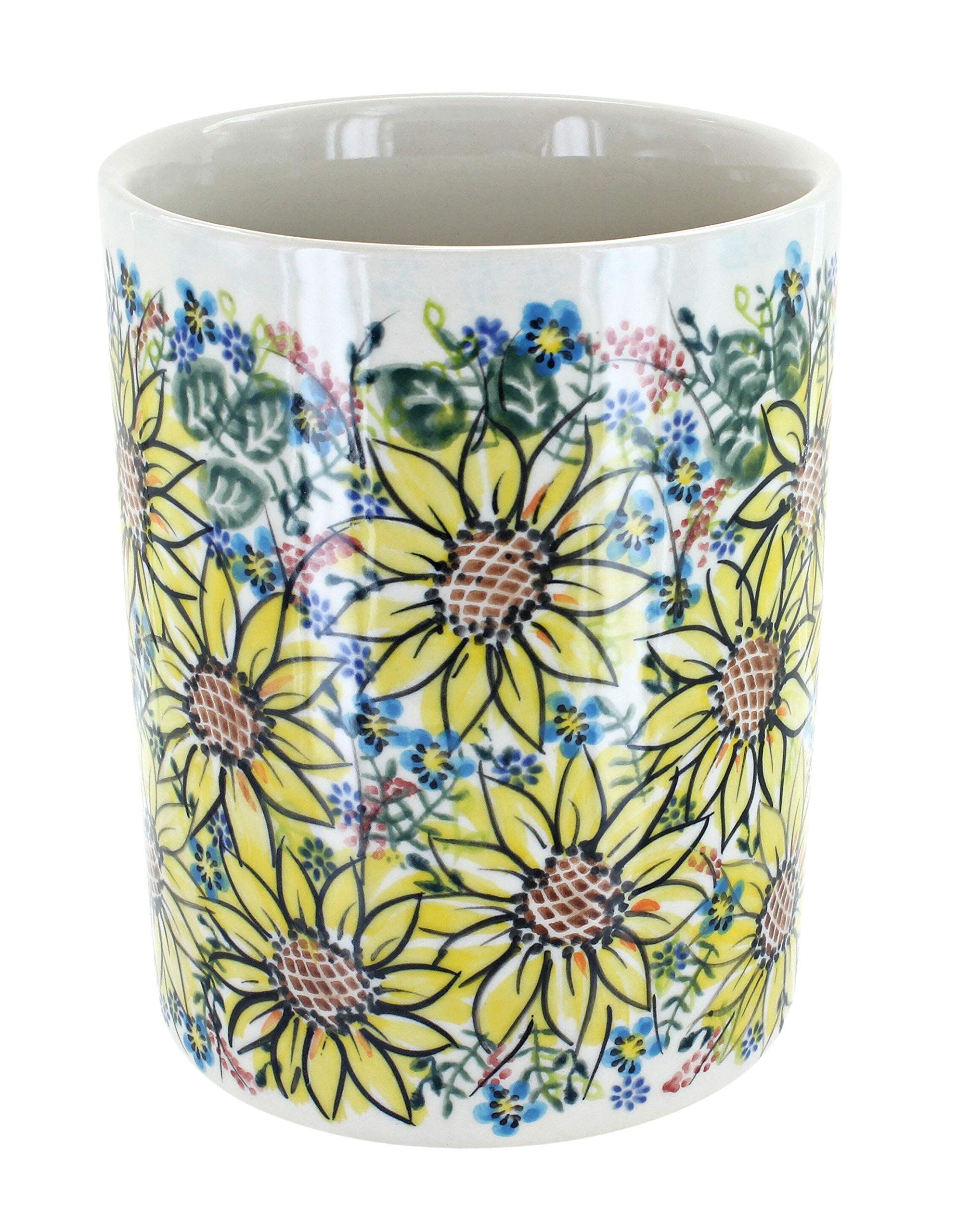 Blue Rose Polish Pottery Sunflower Maze Utensil Jar - Handmade Ceramic Kitchen Storage Canister for Utensils, Spoons & Cooking Tools - Perfect for Farmhouse, Rustic & Vintage Style Decor