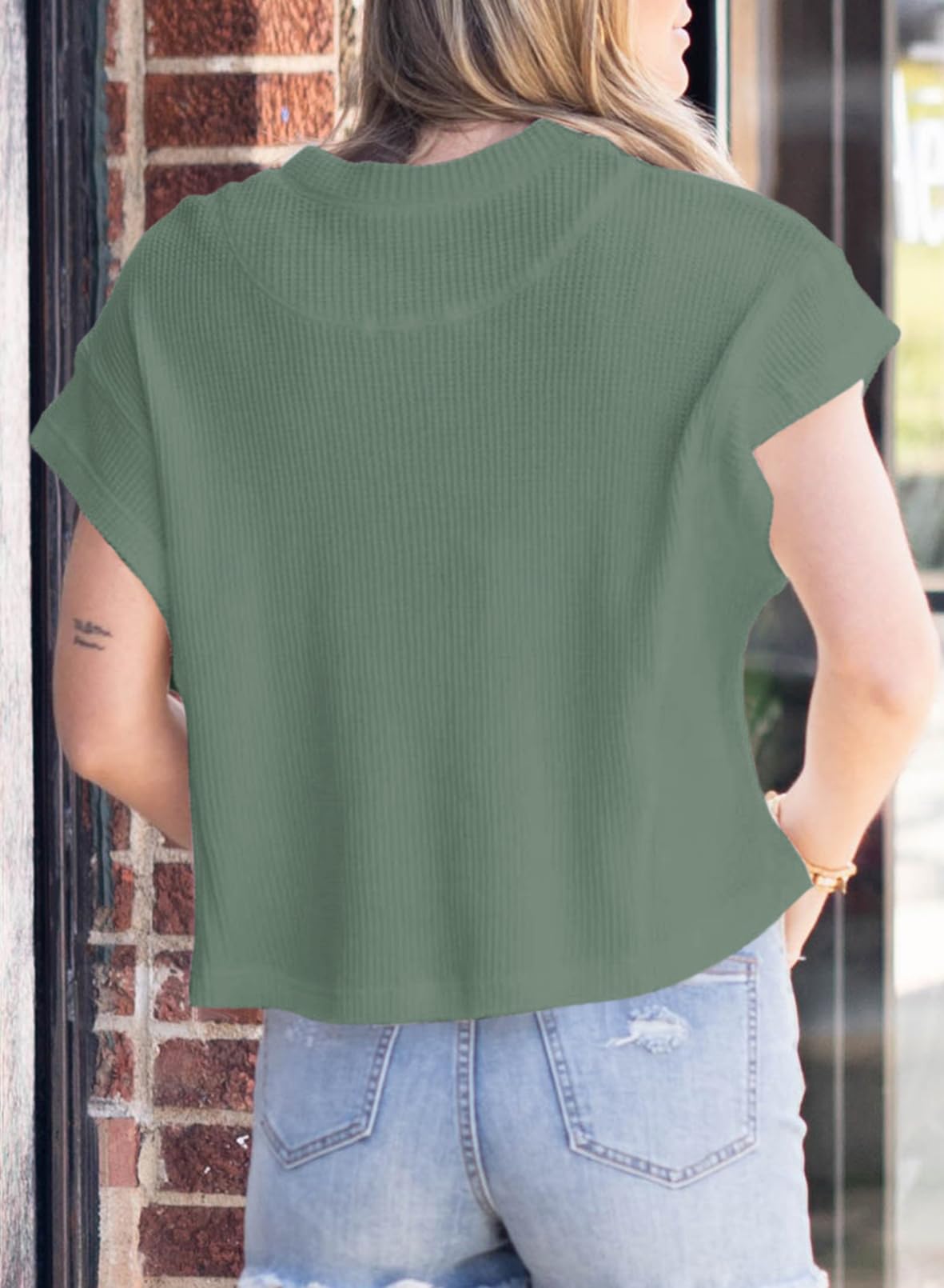 Dokotoo Women's Casual Button Down Henley Shirt - Soft Waffle Knit Short Sleeve Blouse, Round Neck Loose Fit Summer Tunic Top for Everyday Wear, Outings & Beach Cover-Up