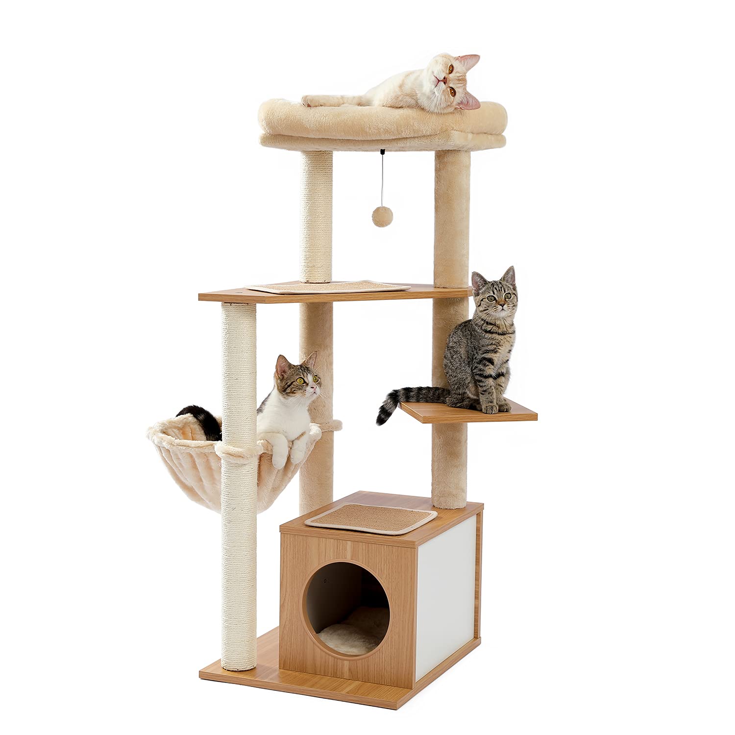 Multilevel Wooden Cat Tree Tower with Large Condo, Spacious Hammock, Cozy Perch & Dangling Toys - Perfect Indoor Playhouse for Active Cats | Ideal for Small Spaces, Apartments & Kitty Entertainment