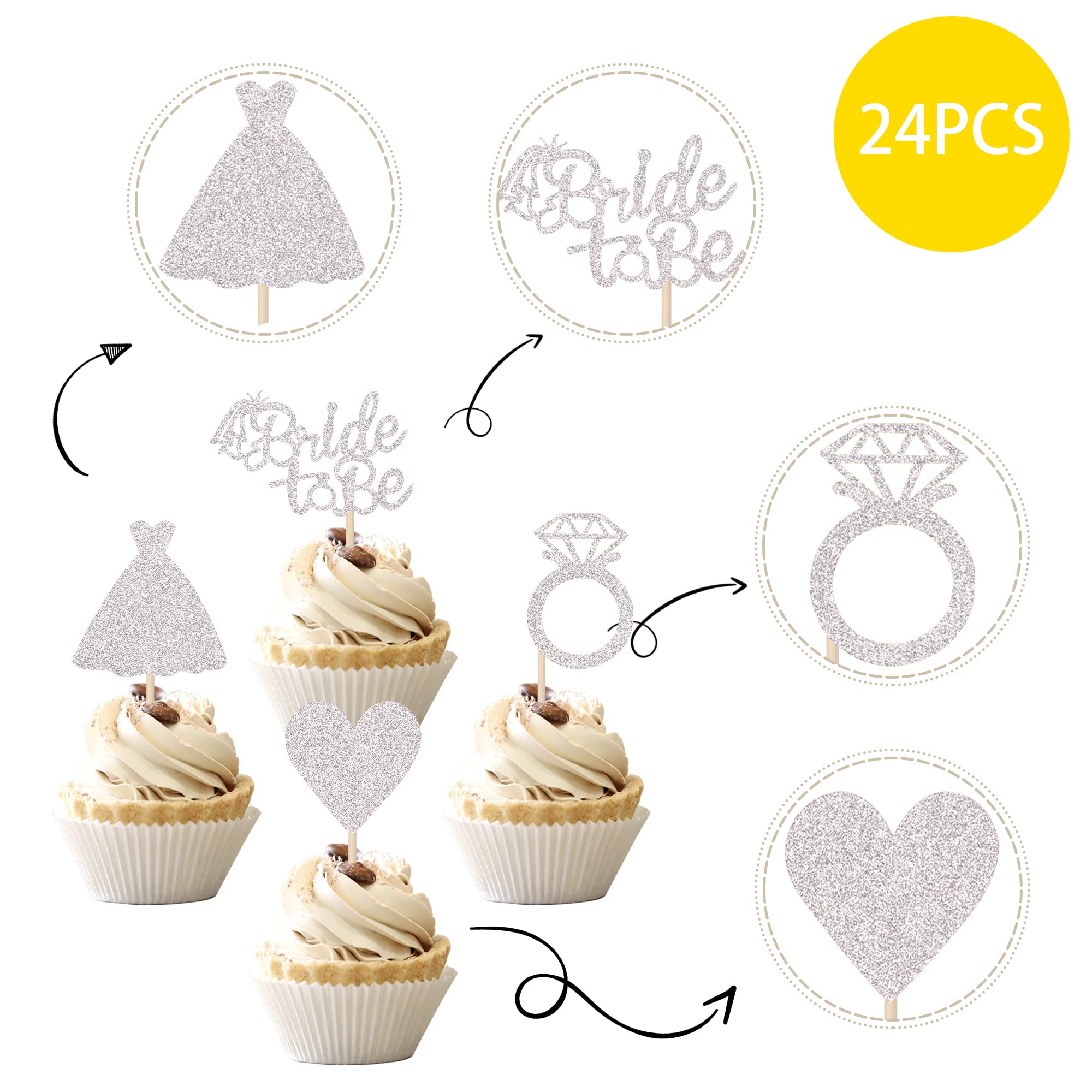24 PCS Bride to Be Cupcake Toppers - Heart Ring Dress Bridal Shower Cupcake Picks for Wedding, Engagement & Bachelorette Party - Silver Cake Decorations Supplies - Perfect for Bridal Showers, Wedding Receptions & Bachelorette Desserts