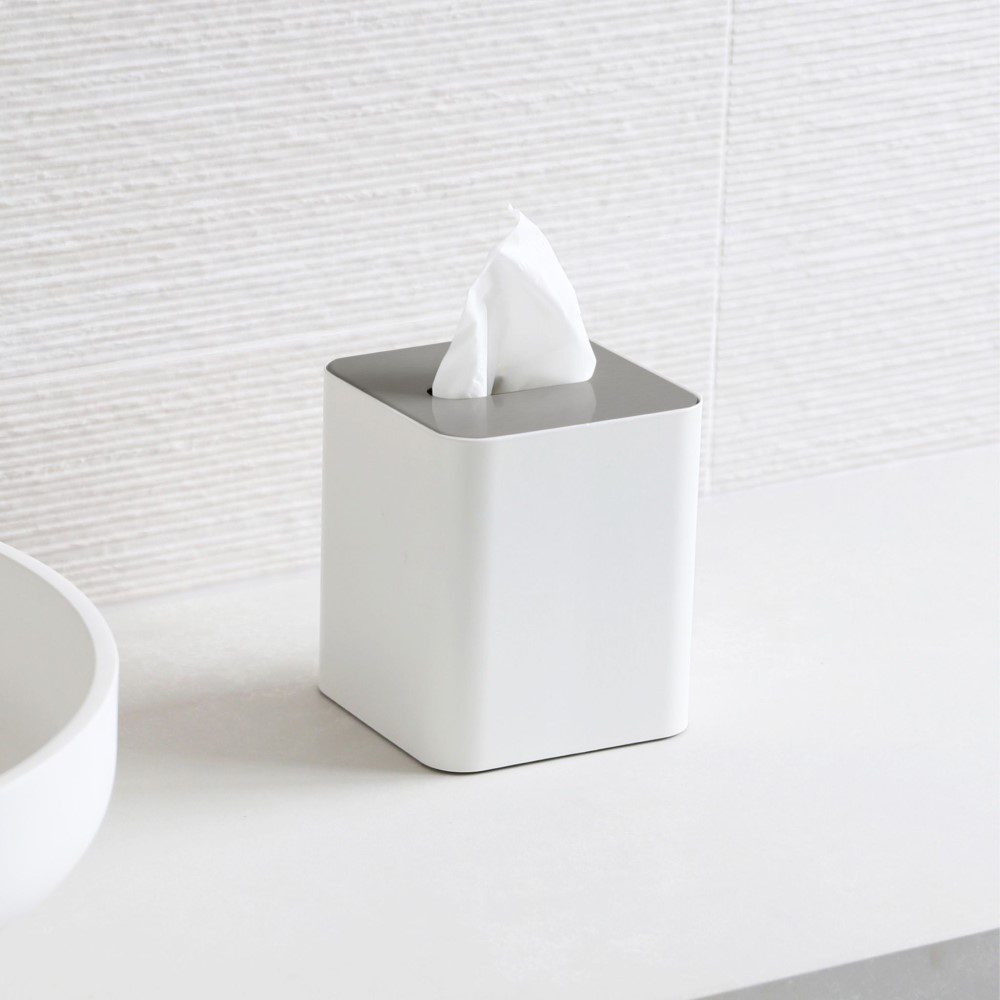 Square Tissue Box with Metal Lid - White & Brushed Steel Home Decor | Modern Tissue Holder for Living Room, Bathroom & Office
