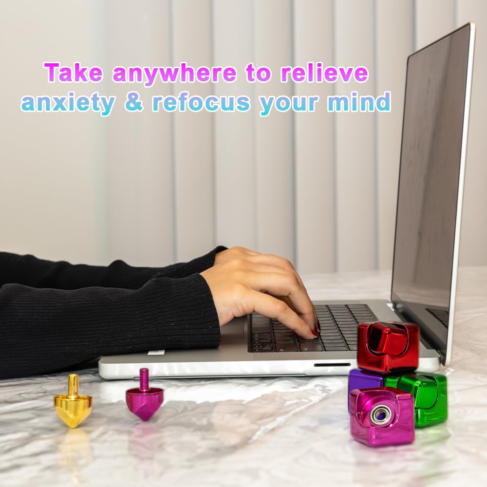 QUBI Cube Spinner 4-in-1 Fidget Toy for Anxiety Relief & Focus - Aluminum Alloy Stress Relief Spinner for Kids & Adults with ADHD, Autism - Blue Desktop EDC Fidget Spinner - Perfect for Office, School & Travel Stress Management