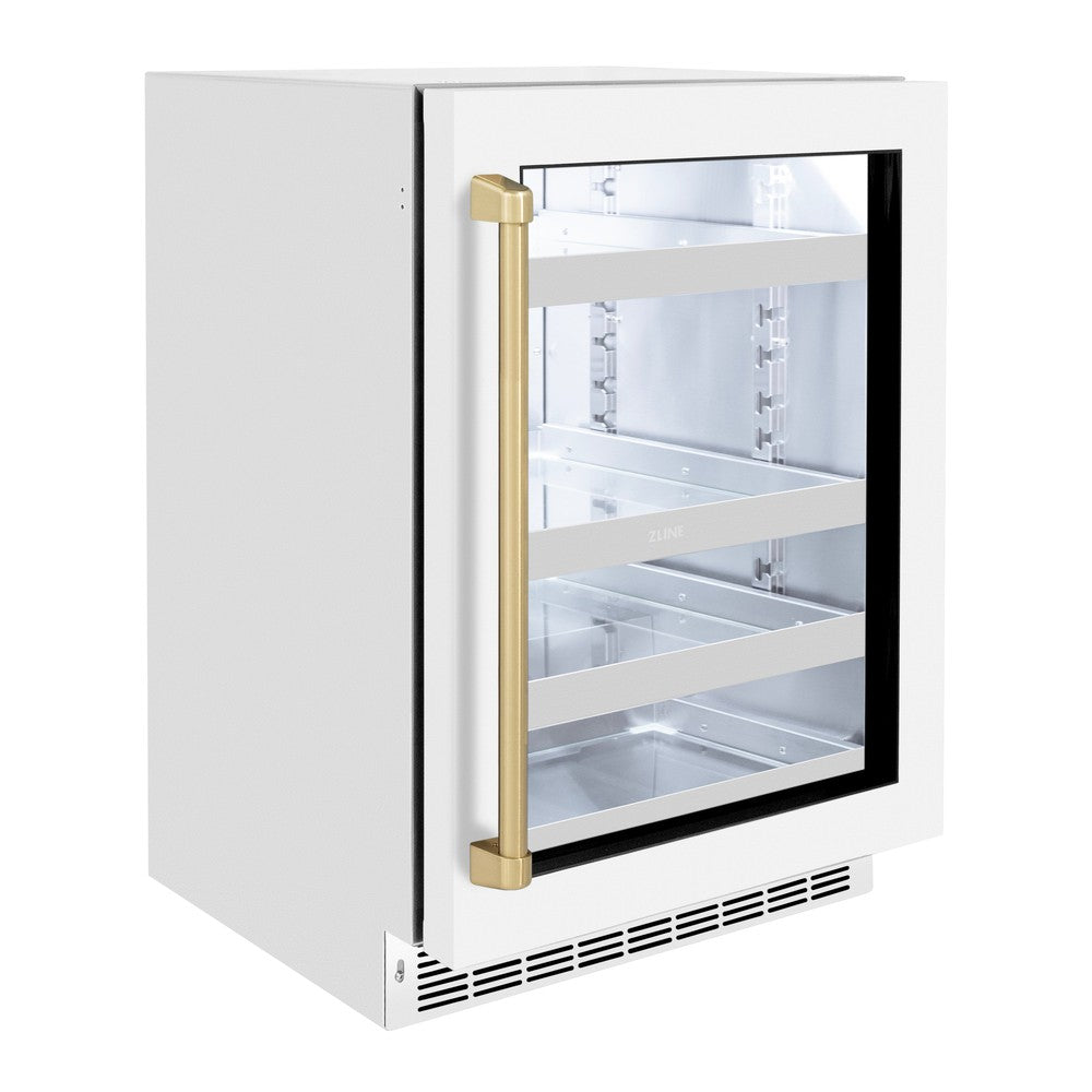 ZLINE Autograph Edition 24 Inch Touchstone 151 Can Beverage Refrigerator - White Matte Glass Door with Champagne Bronze Handle - Compact Mini Fridge for Home, Office, Bar, or Man Cave (RBSOZ WM 24 CB)