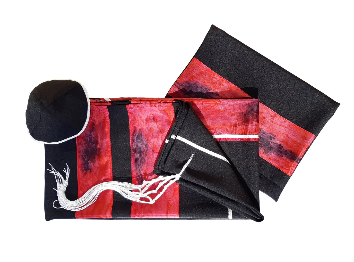 Hand-Painted Silk Stripes Black Tallit for Women & Girls | Dramatic Fire Lava Design | Bat Mitzvah & Tzitzit Prayer Shawl | Perfect for Synagogue, Jewish Ceremonies & Special Occasions
