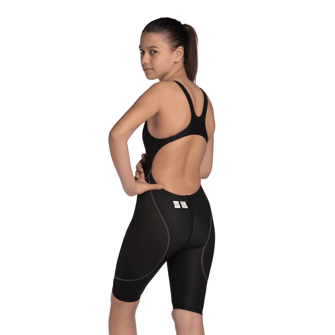 Arena Powerskin ST NEXT Junior Girls Open Back Kneeskin Swimsuit - Black | Competitive Swimwear for Training & Racing