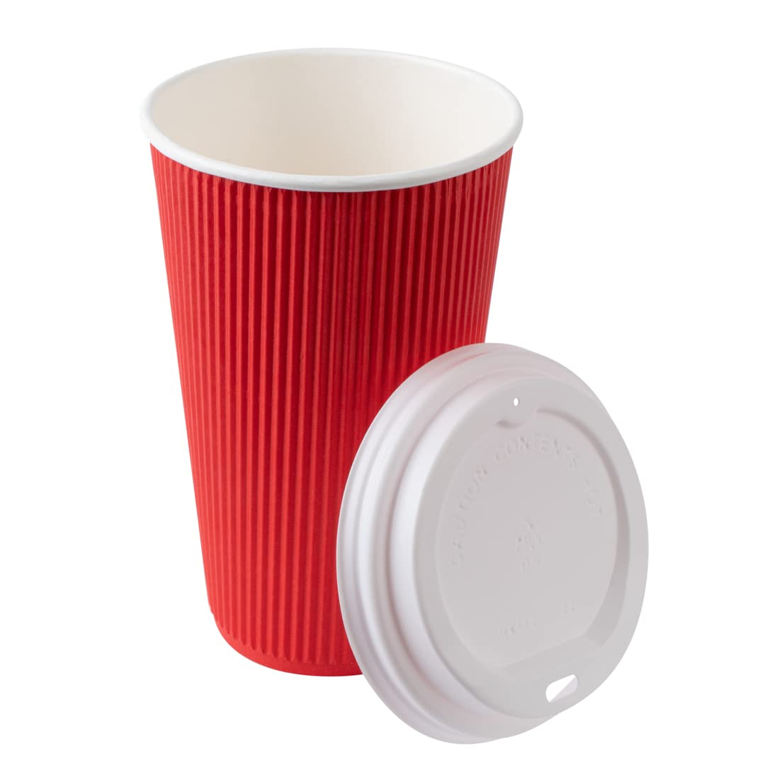 16oz Insulated Coffee Cups with Lids (200 Pack) - Leakproof & Non-Slip Red Disposable Paper Cups for Hot Beverages - Perfect for Coffee, Tea, Hot Cocoa & Lattes at Cafés, Offices & Events