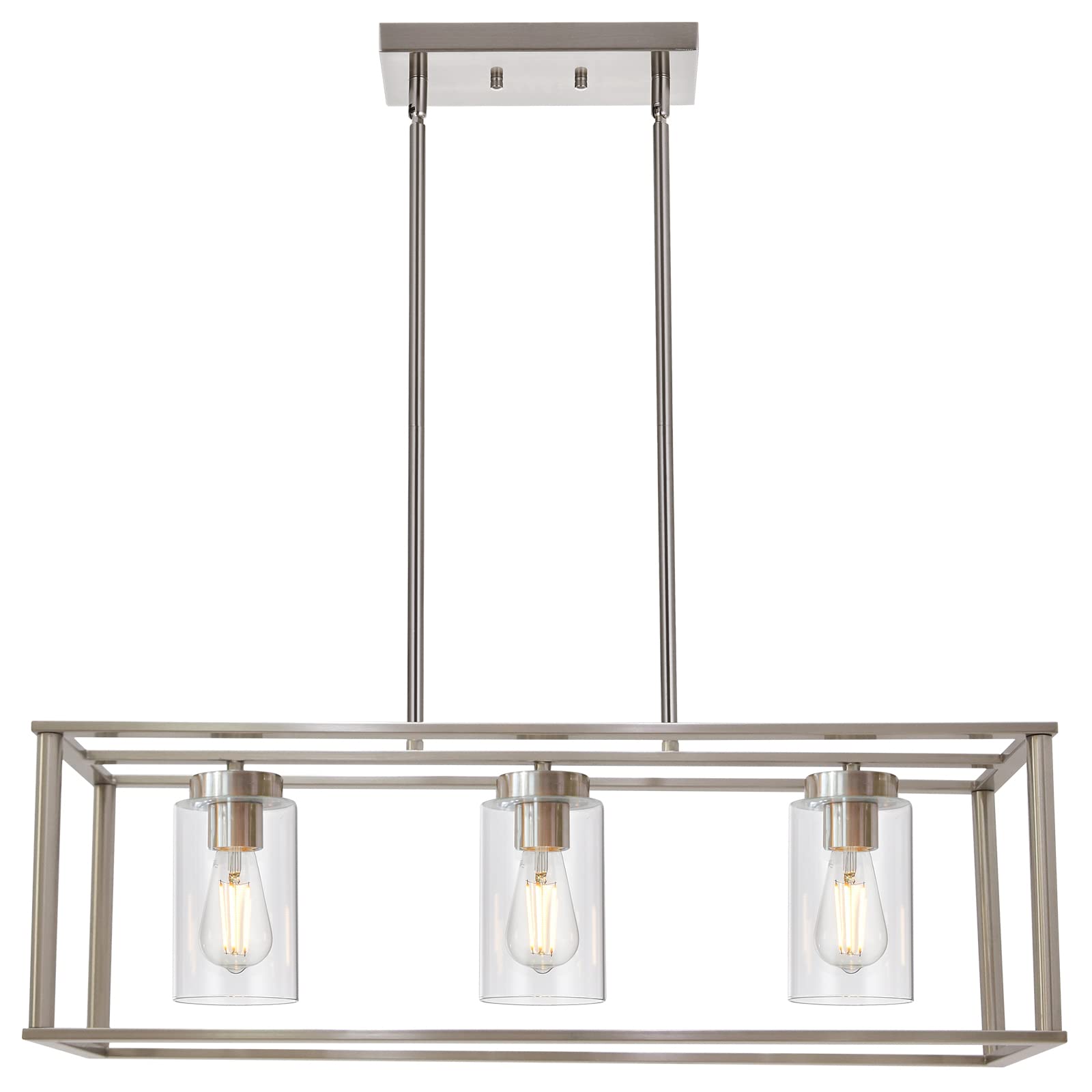VINLUZ 3-Light Brushed Nickel Linear Chandelier with Clear Glass Shade - Modern Kitchen Island Pendant Light, Farmhouse Dining Room Ceiling Fixture for Living Room, Bar & Restaurant Lighting - Perfect for Home Decor and Commercial Spaces