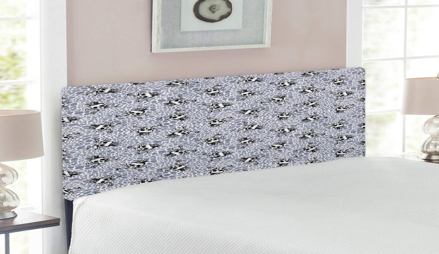 Ambesonne Queen Size Upholstered Headboard - Gothic Crowned Skull & Crossbones Design on Animal Print, Memory Foam Padding, Black White & Purple Grey - Perfect for Gothic Bedroom Decor, Horror Theme Rooms & Unique Home Interiors