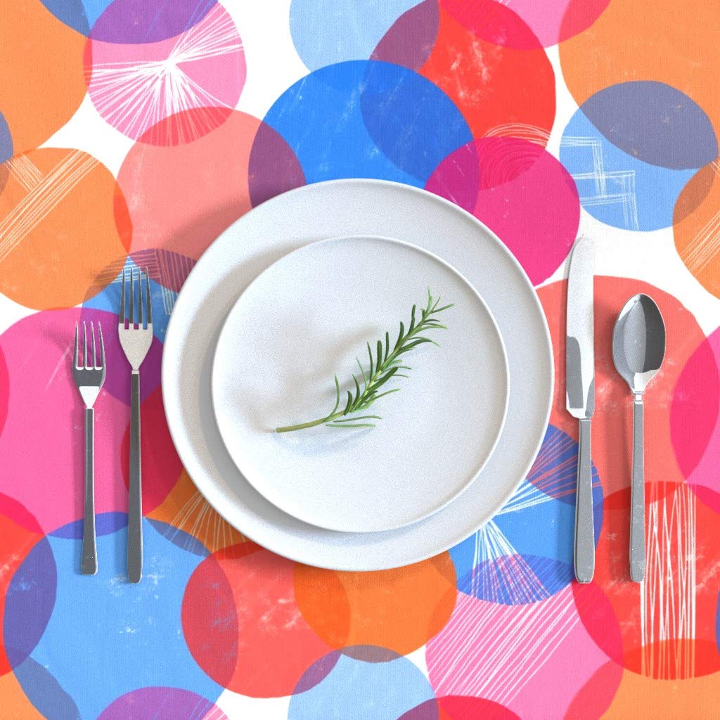 Bauhaus Bubbles Geometric Print Cotton Sateen Tablecloth 70x90 Inches - Pink Orange Blue Abstract Circles Design for Dining Room Decor, Party Table Linens & Custom Home Textiles