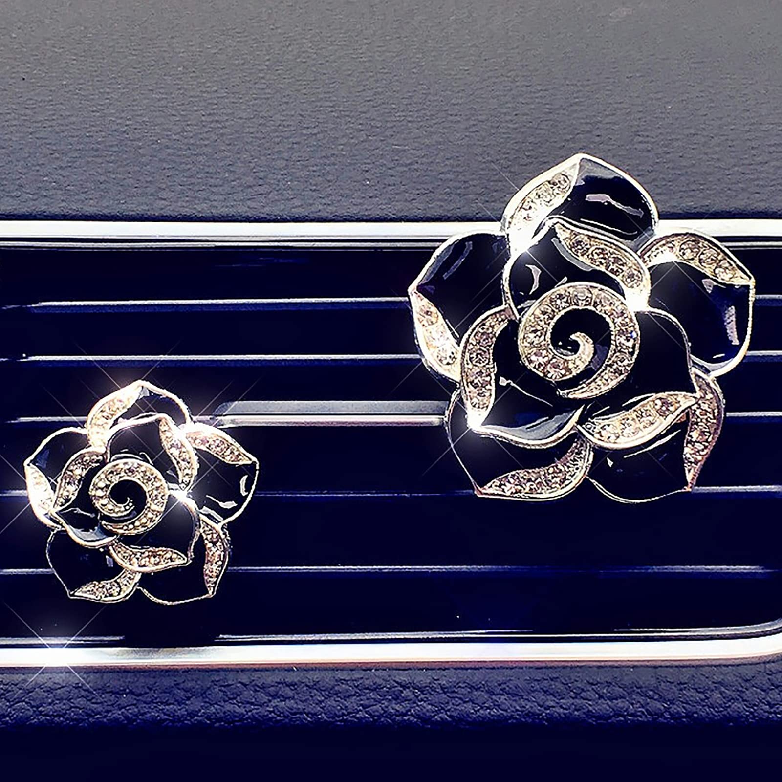 2 Pcs Camellia Air Vent Clips - Cute Flower Car Air Freshener with Bling Crystal Rose | Car Diffuser Vent Clip Charm for Women & Girls | Perfect for Sedans, SUVs and Office Desks