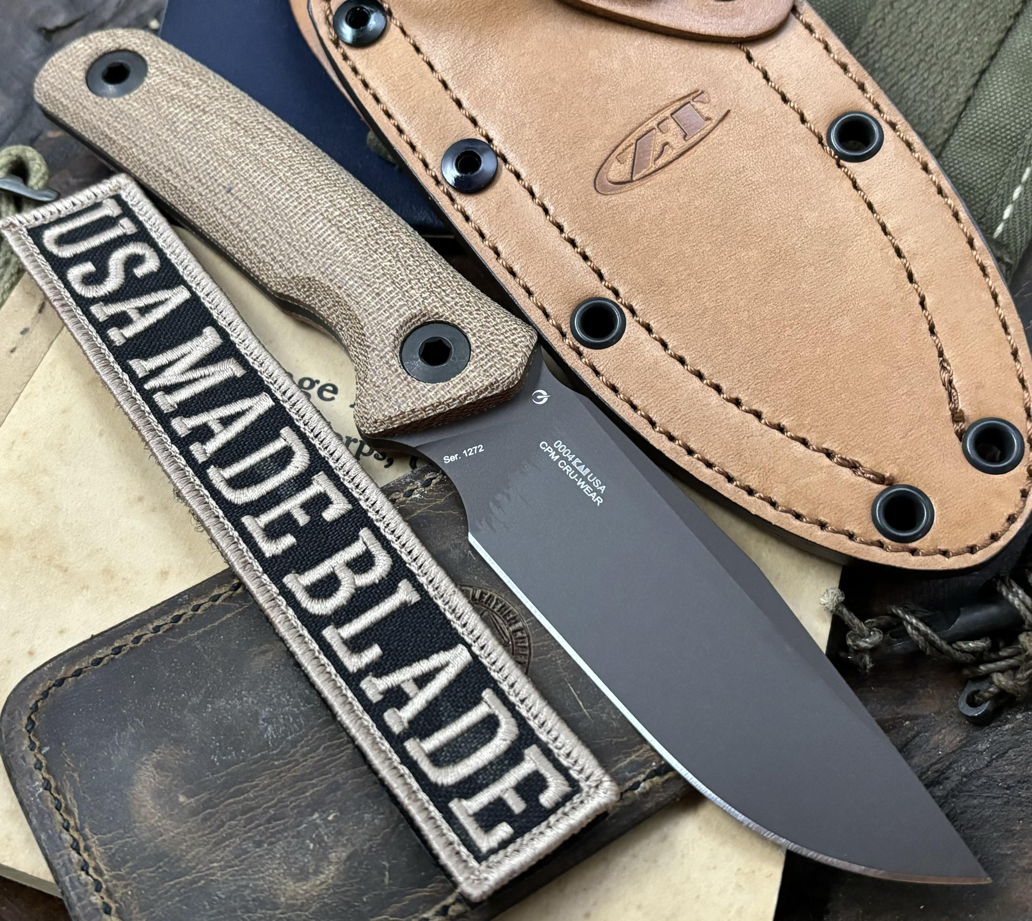 ZT0004 Tactical Folding Knife with Cru Wear Blade, Canvas Micarta Handles & Tan Leather Sheath - Perfect for Outdoor Camping, Hunting and Survival Adventures
