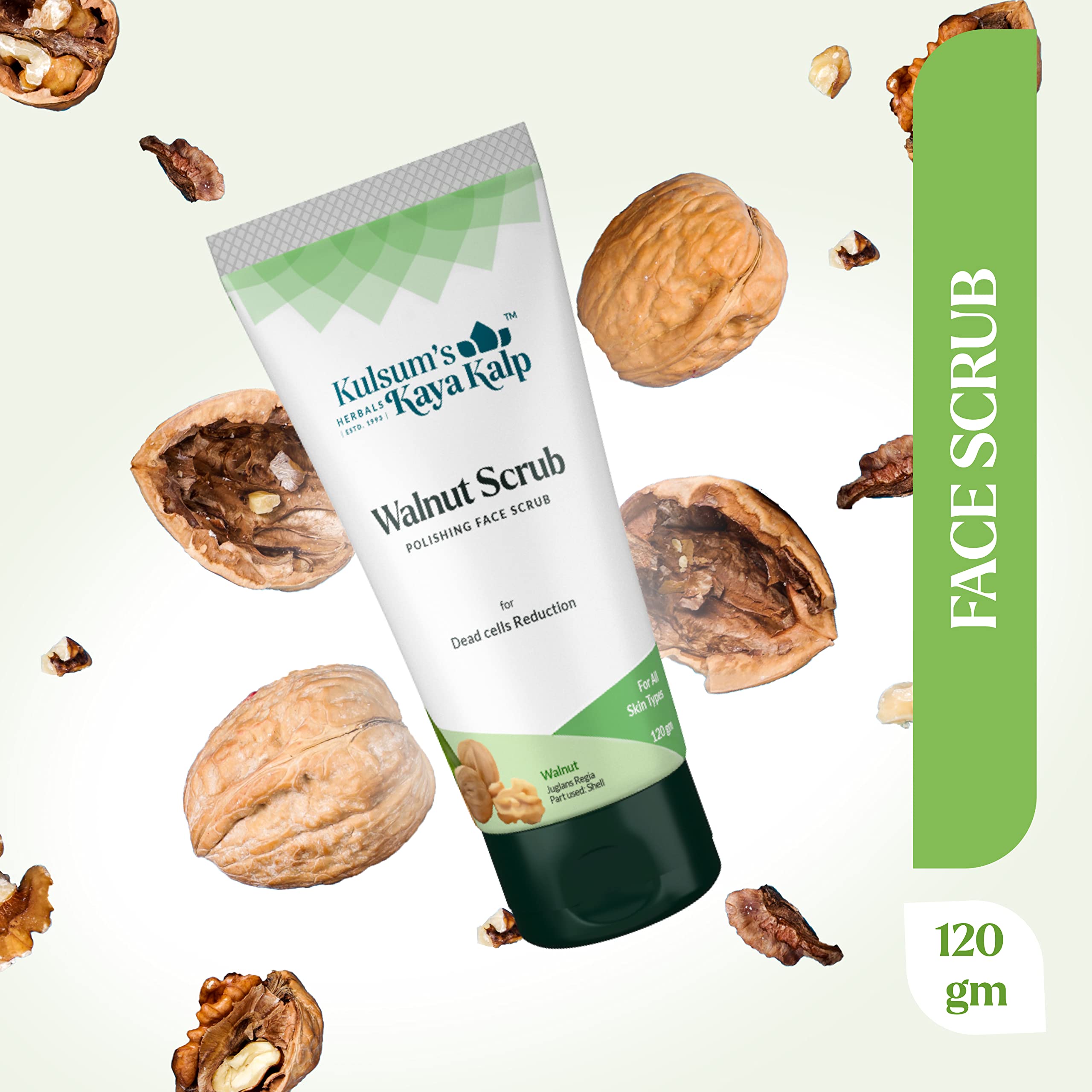 Kulsum's Kaya Kalp Herbals Walnut Scrub - Natural Dead Skin Cell Exfoliator, 120g | Gentle Face & Body Polish for Radiant Skin | Perfect for Daily Skincare Routine