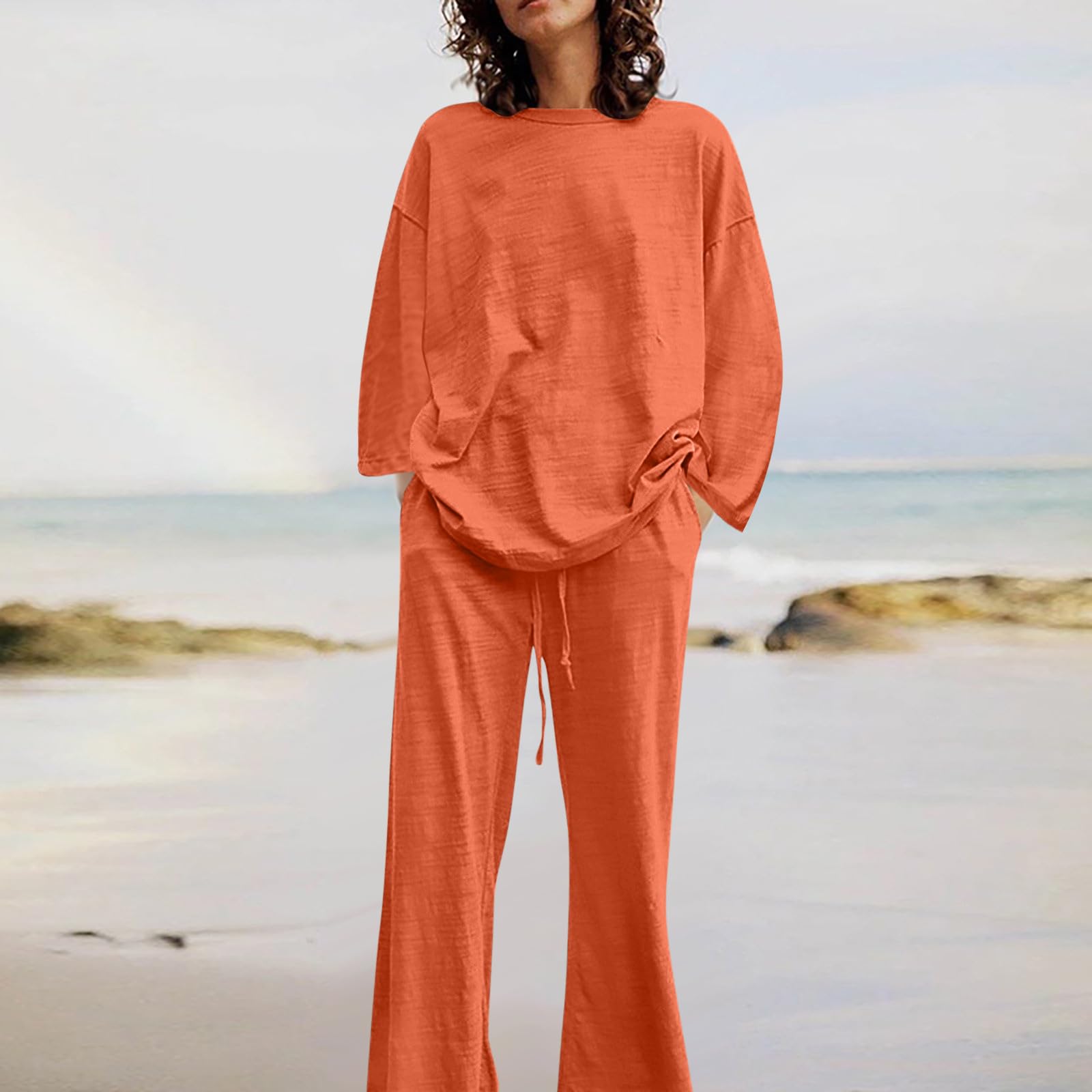 Oelaio Women's Plus Size Brown Pajama Set - 2 Piece Outfit with Pockets, Wide Leg Lounge Pants & Top | Fall Sleepwear, Loungewear for Comfort at Home & Cozy Nights