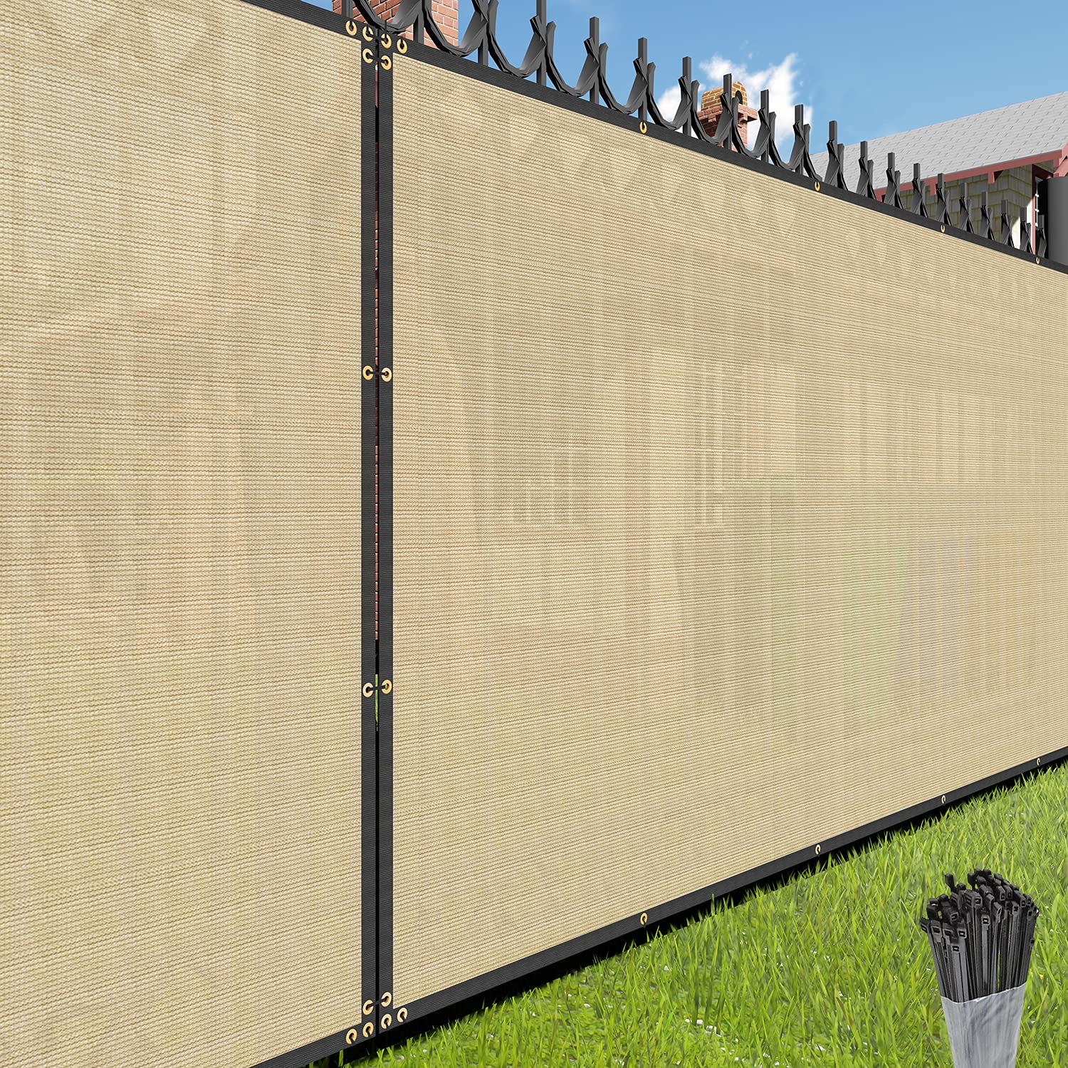 E&K Sunrise Sand 2' x 24' 240GSM Premium Breathable Privacy Fence Screen - Coated Polyester Mesh Windbreak for Outdoor Commercial & Backyard Use - Includes Zip Ties for Easy Installation - Perfect for Patio, Garden, Pool Area, and Construction Site Privacy