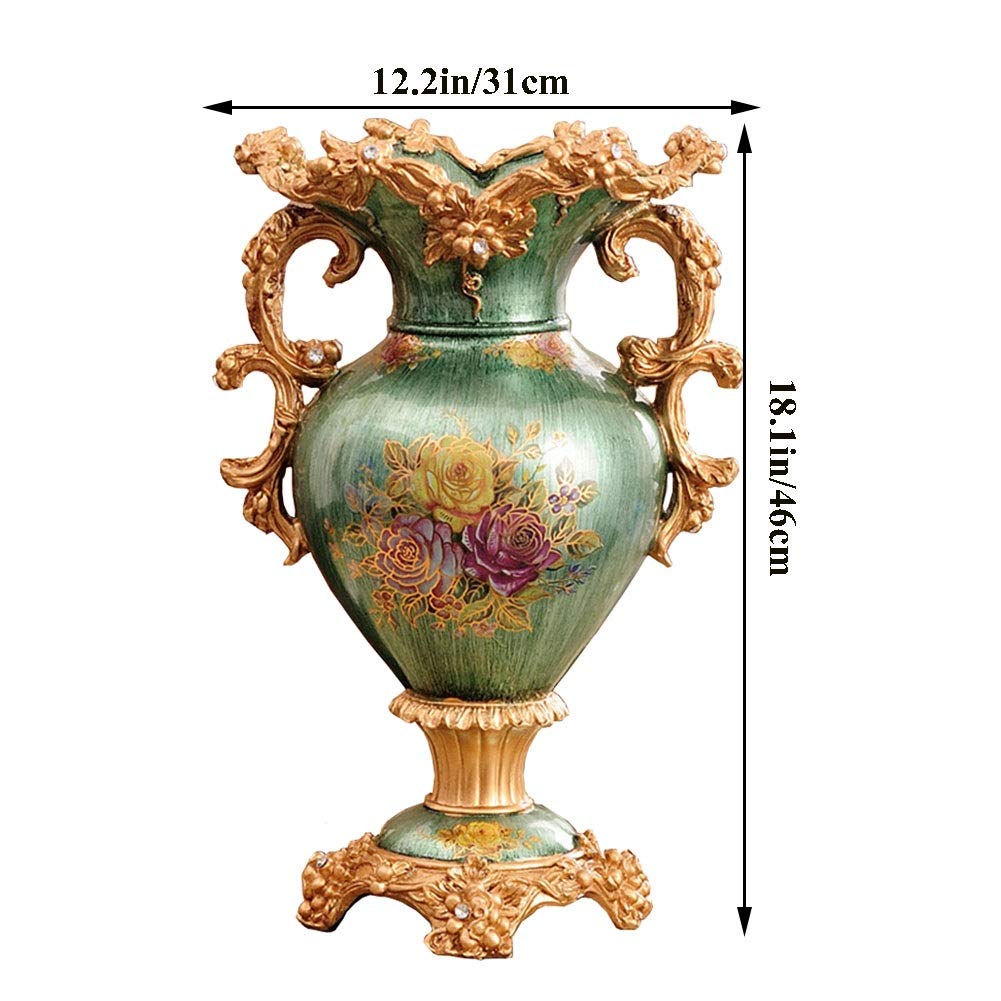 European-Style Retro Large Resin Flower Vase - Hand-Painted Tall Decorative Vase for Home & Office Decor (31cm×46cm, Green) | Perfect for Living Room Centerpiece, Dining Table, Bedroom & Hotel Decorations