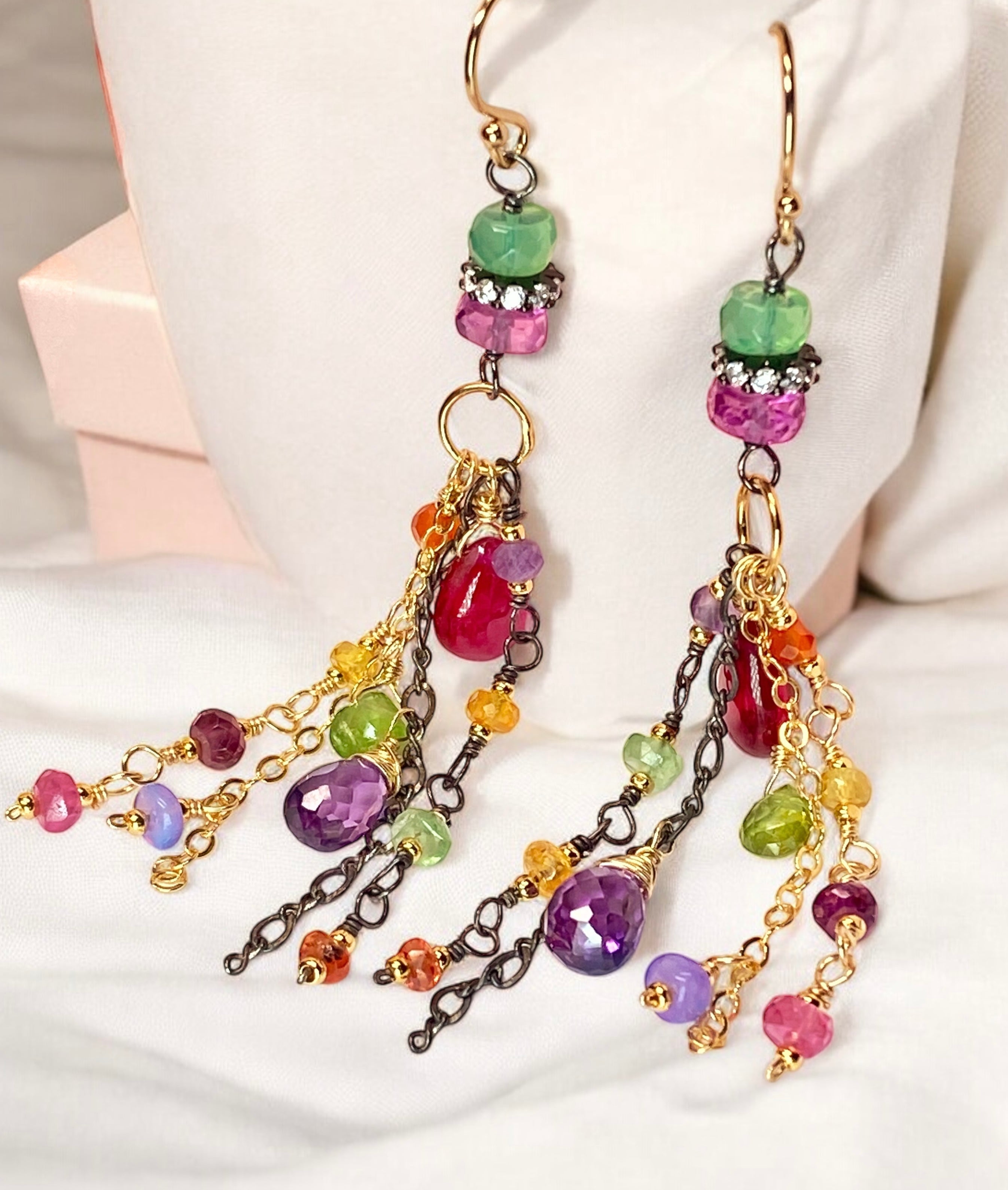 Multi Gemstone Mixed Metal Long Dangle Earrings for Women - Pink, Green & Violet Elegant Statement Jewelry | Perfect for Parties, Weddings & Special Occasions