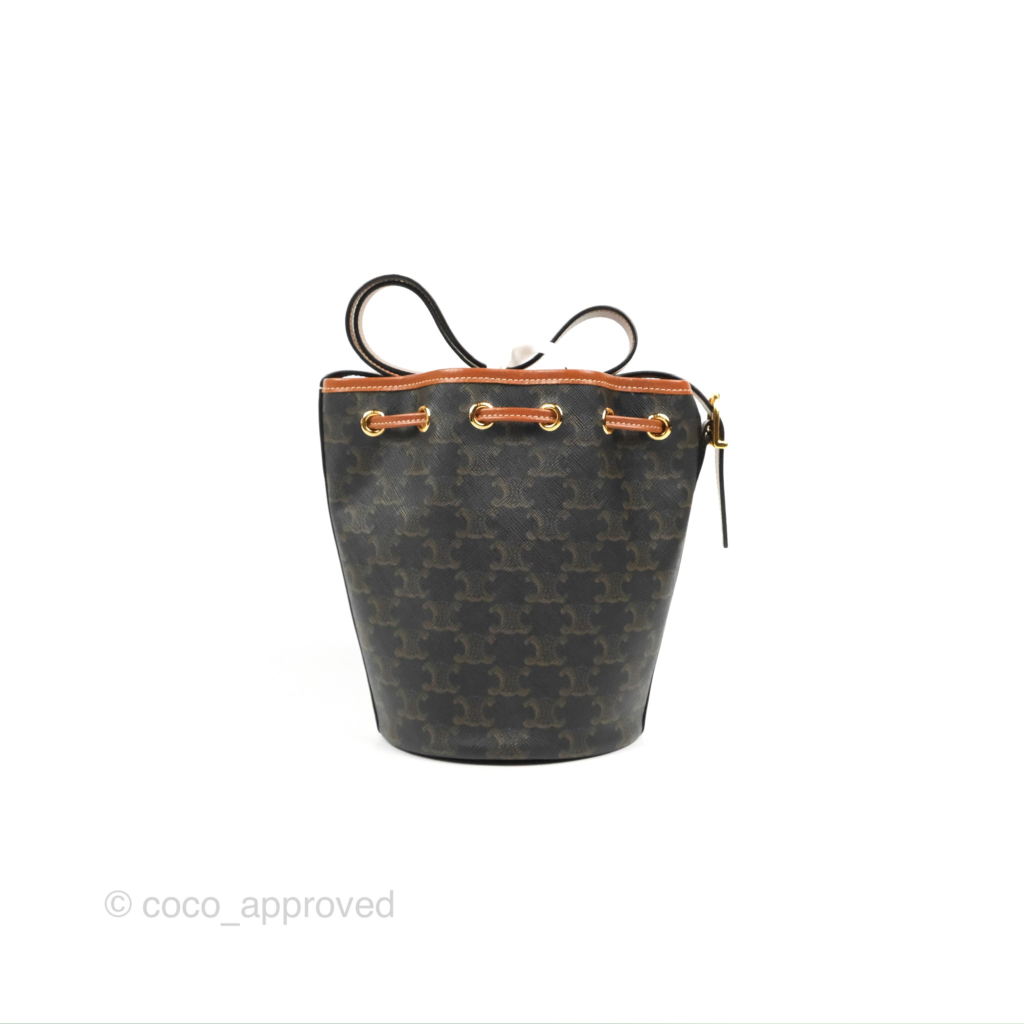 Celine Small Drawstring Bucket Bag in Triomphe Canvas & Tan Calfskin Leather - Perfect for Everyday Use, Travel & Casual Outings