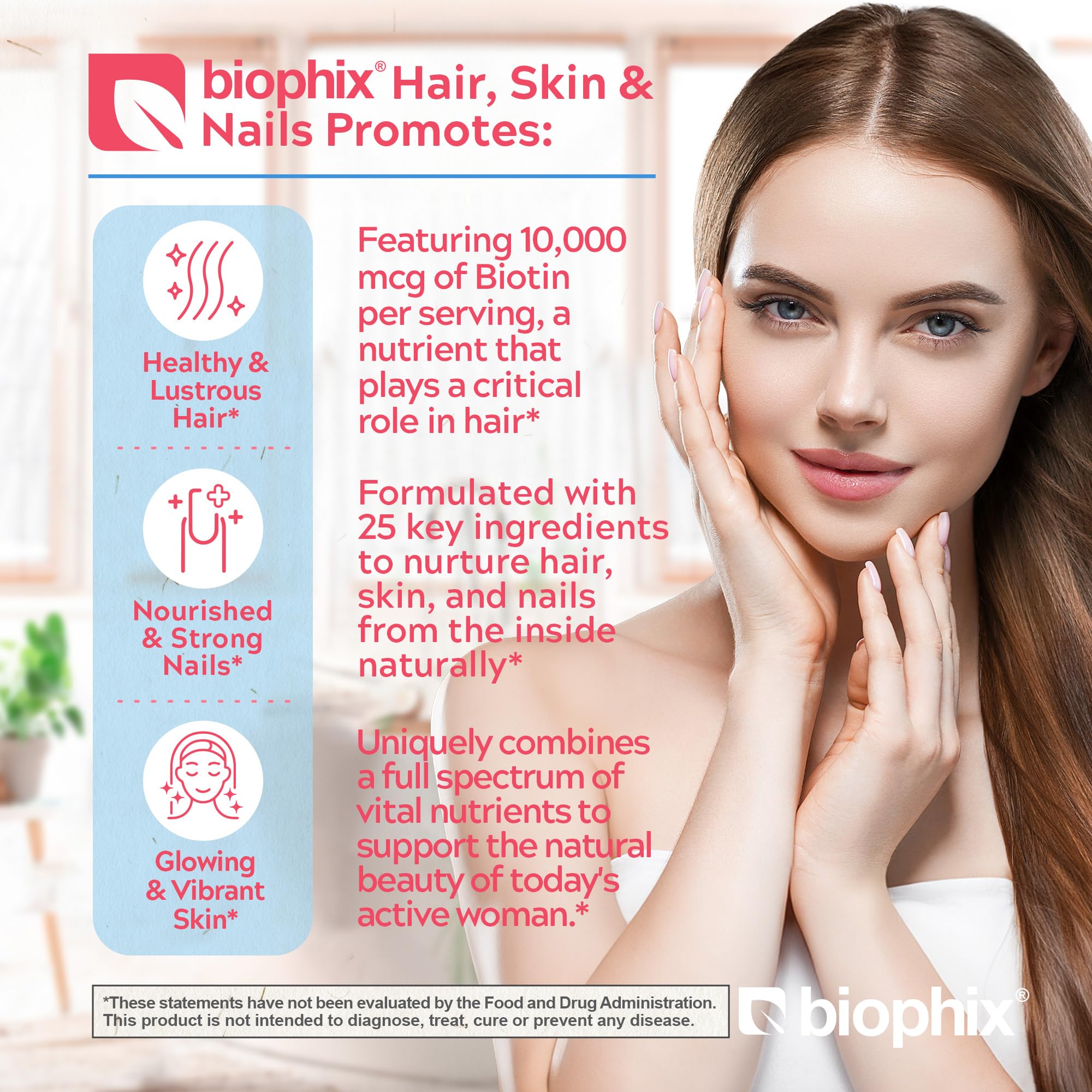 Biophix Hair Skin and Nails Complex 180 Caplets with 10,000 mcg Biotin - Multivitamin Supplement for Strong Nails, Healthy Hair & Skin, Anti-Aging Support - Perfect for Daily Beauty & Wellness Routine