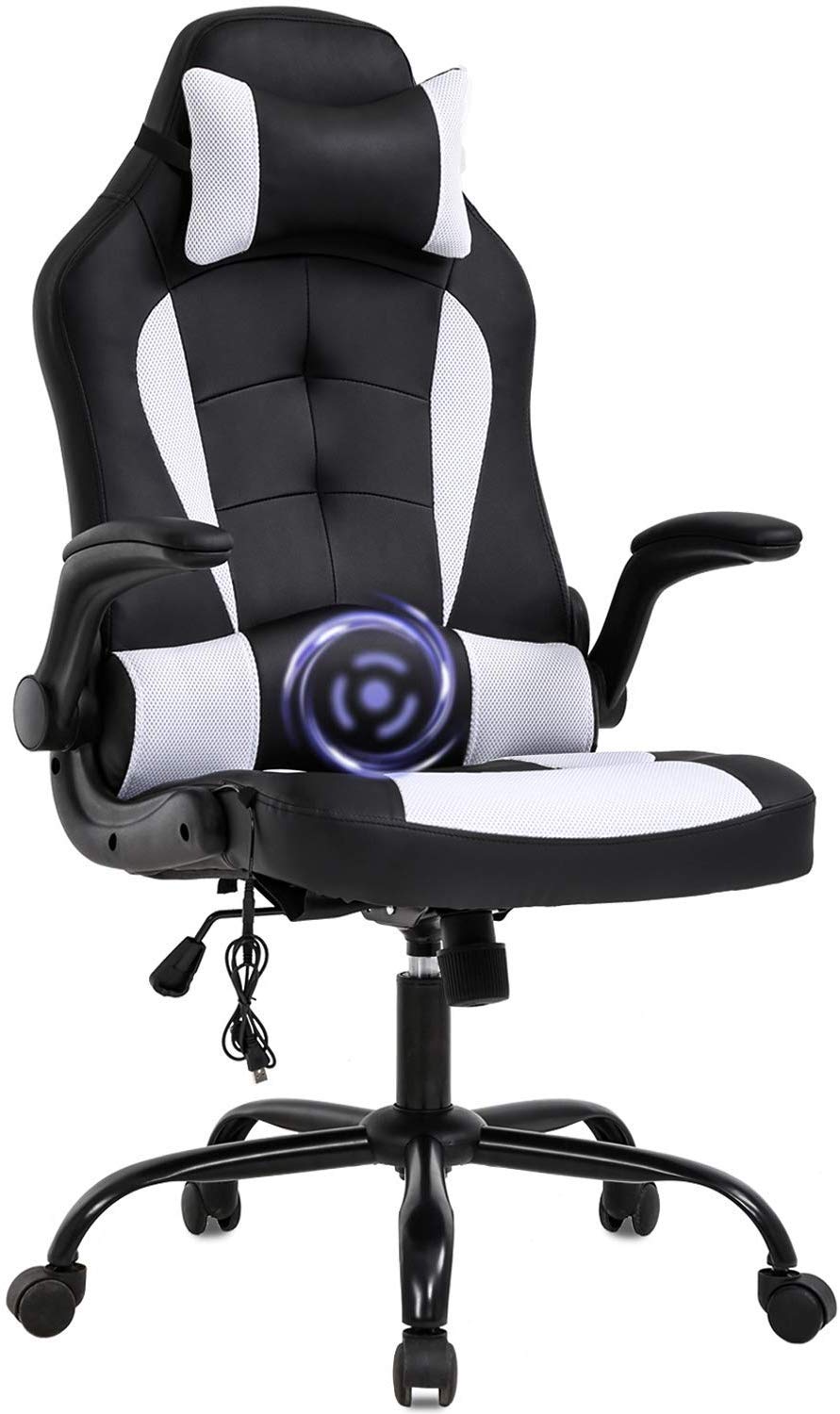 Premium Ergonomic PC Gaming Chair with Massage & Lumbar Support - Heavy Duty Racing Style Office Chair with Adjustable Headrest & Flip-Up Arms - Perfect for Home Office, Gaming Setup & Workstation - White