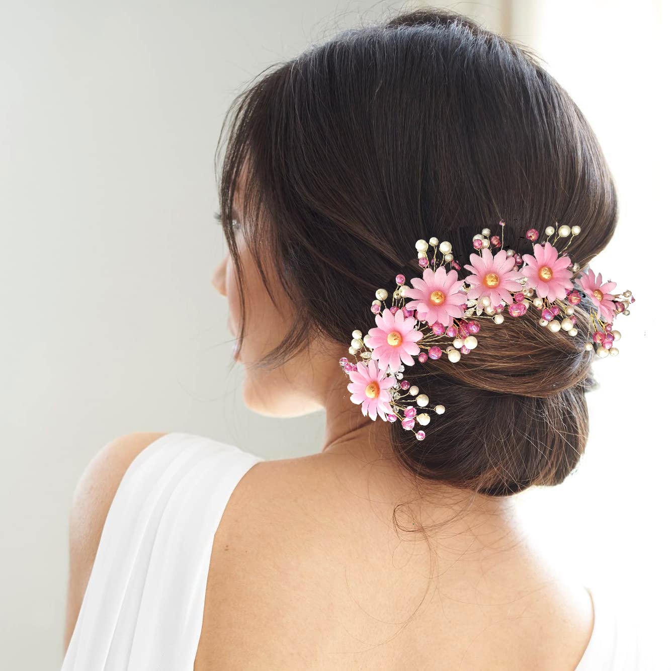 Elegant Bridal Hair Pins with White & Pink Pearl Flowers - Round Artificial Floral Hair Accessories for Women - Perfect for Weddings, Prom, and Special Occasions