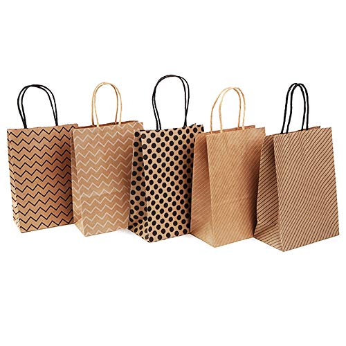 30Pcs Kraft Paper Gift Bags with Handles - Dots, Zig Zags & Stripes Design - Eco-Friendly Party Favor Bags for Holiday Shopping, Retail Packaging & Birthday Celebrations