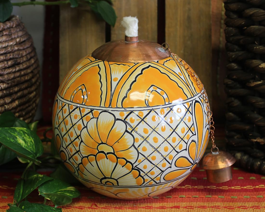 Hand Painted Mexican Ceramic Table Torch - Yellow Monochrome Decorative Candle Holder for Patio, Garden & Outdoor Dining
