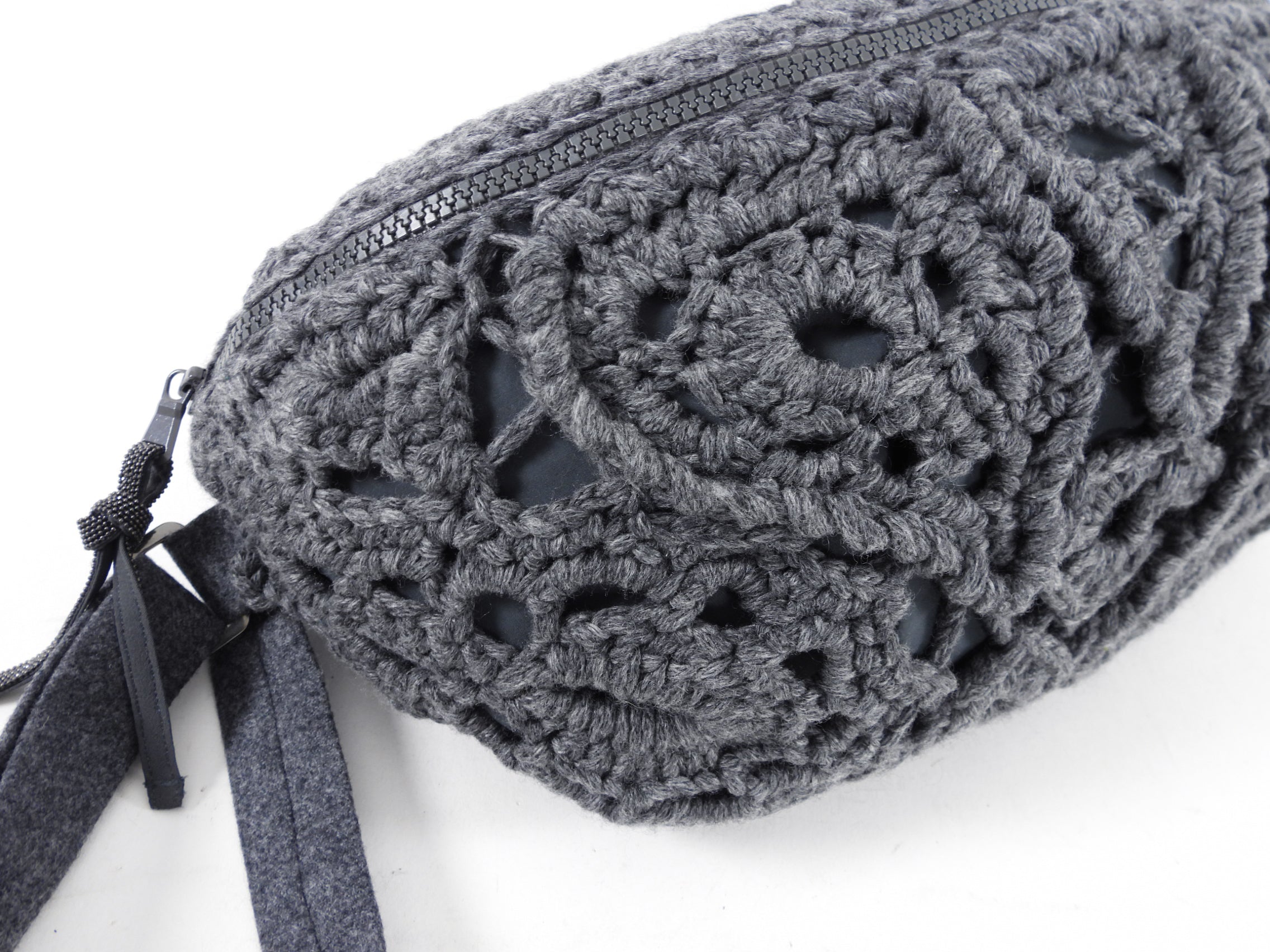 Brunello Cucinelli Grey Cashmere Crochet Crossbody Belt Bag for Women - Luxury Handmade Cashmere Purse for Travel, Shopping & Everyday Use