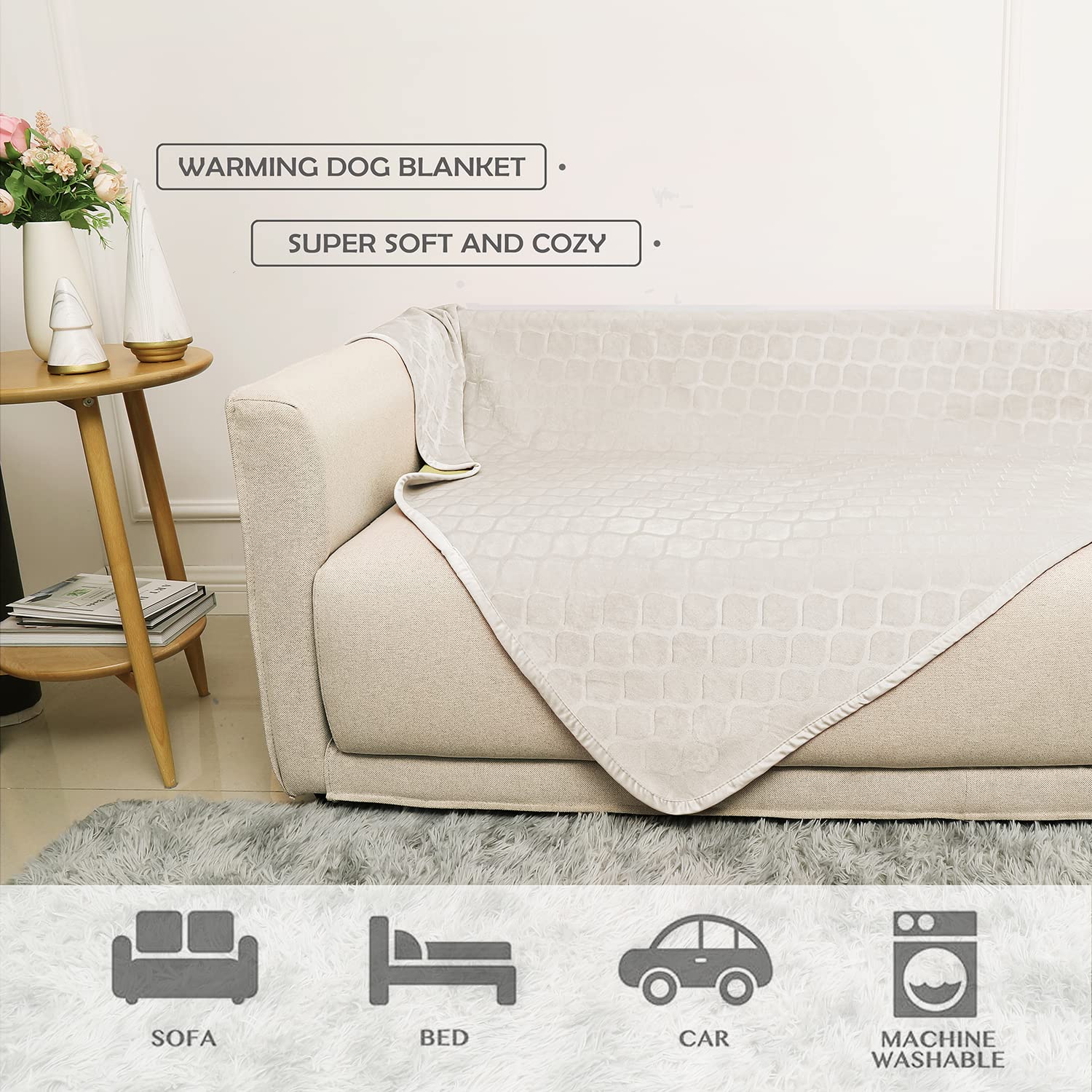 Waterproof Dog Blanket - Super Soft Plush Pet Throw for Couch, Sofa & Bed - Moroccan Style Fuzzy Cozy Blanket (82x102 Inches, Cream Beige) - Perfect for Indoor Use, Travel & Dog Beds