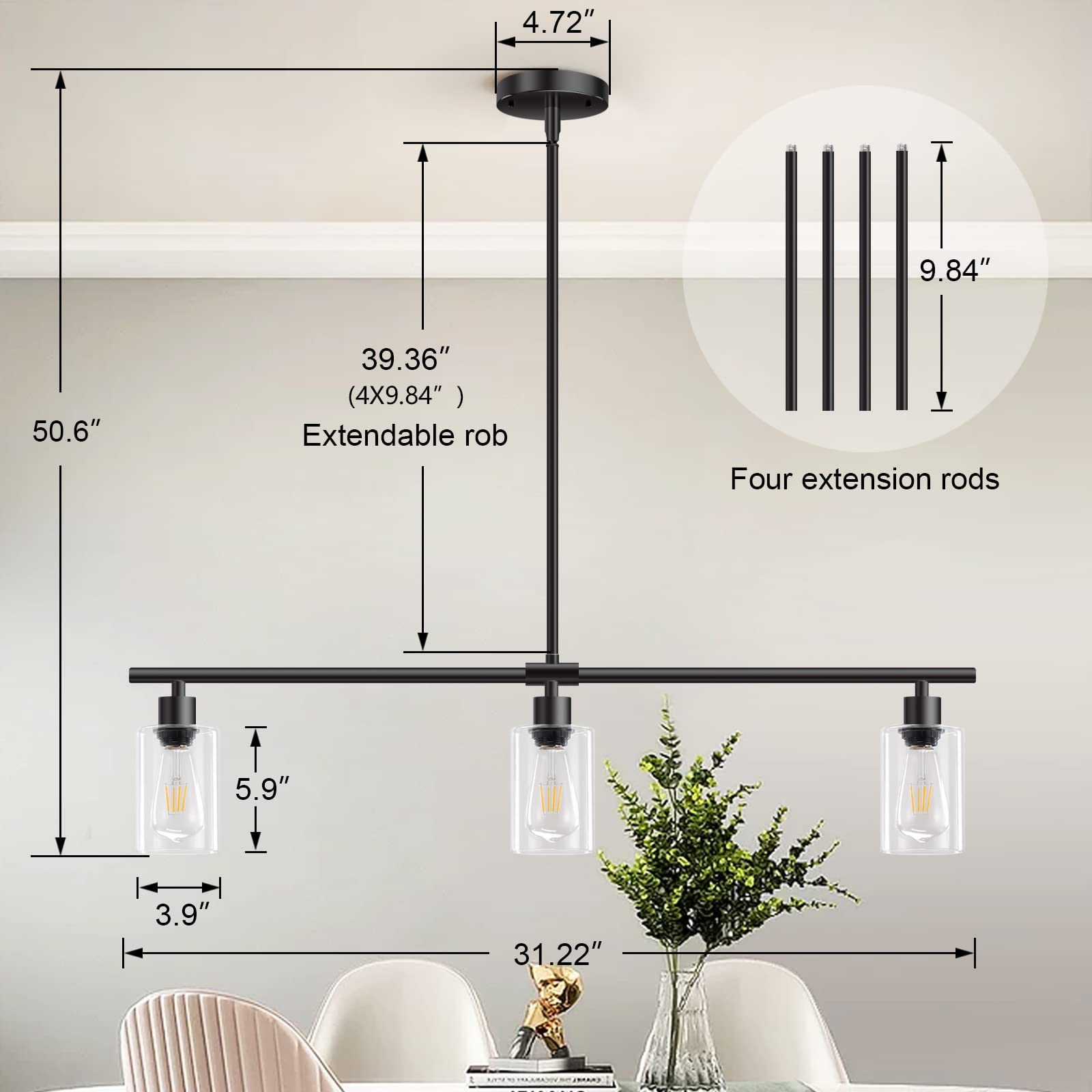 Modern Black 3-Light Linear Chandelier - Rectangle Pendant Lighting Fixture with Glass Shades for Kitchen Island, Dining Room & Farmhouse Decor | Perfect for Breakfast Nooks, Open Concept Kitchens and Rustic Dining Areas