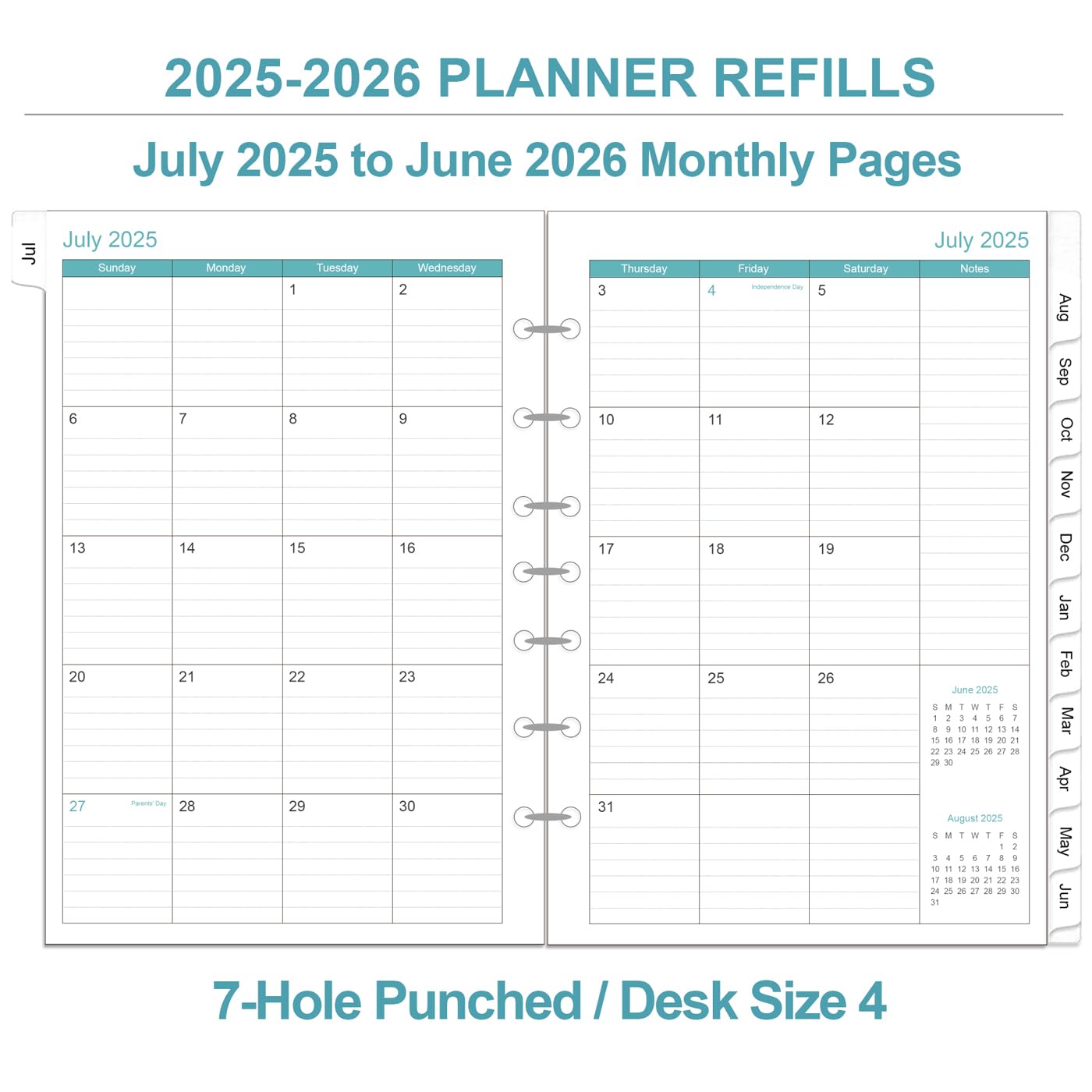 2025-2026 Planner Refills - Daily & Monthly Planner with Prioritized To-Do List, Notes & Appointment Schedule | July 2025-June 2026 | 7-Hole Punched | Desk Size 4 (5.8