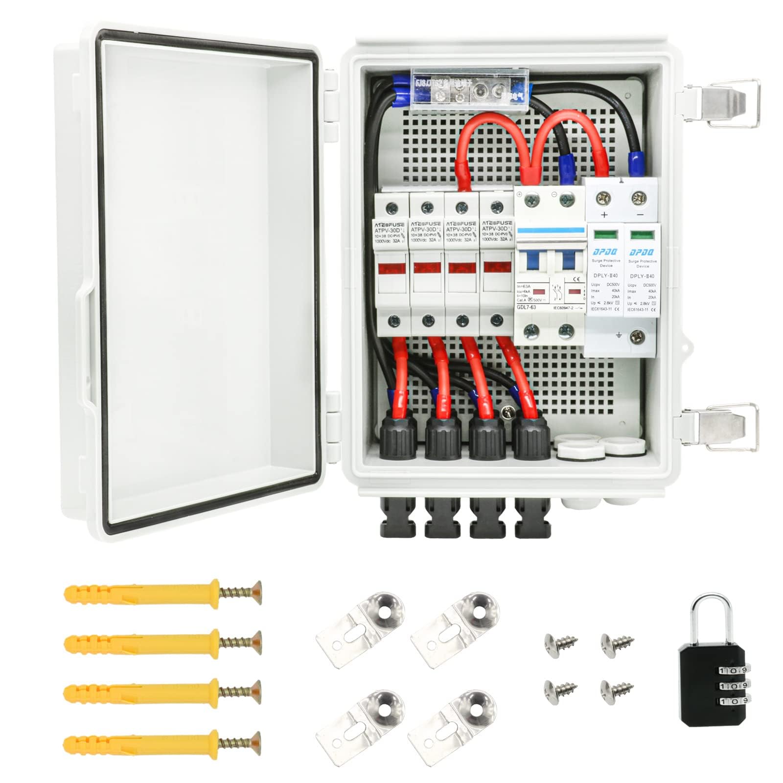 4 String Solar Combiner Box IP65 Waterproof - On/Off Grid Solar System with Lightning Arrester, 15A Fuse & 63A Circuit Breaker - Durable Plastic Enclosure for Home & Commercial Solar Panel Installations