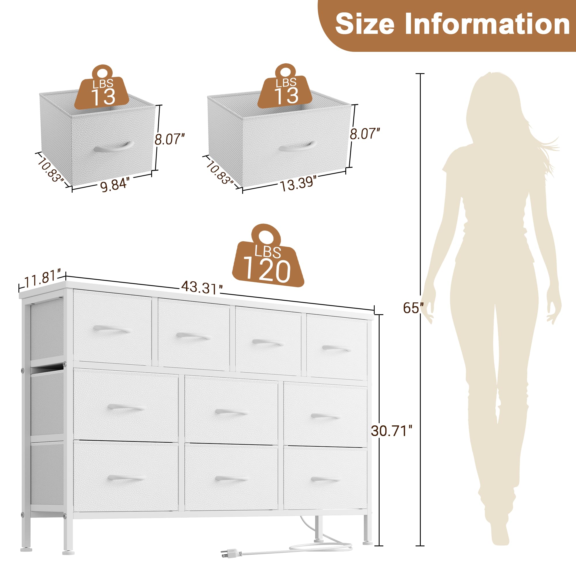 Lulive 10-Drawer White Dresser with Power Outlet - Bedroom Storage Organizer, TV Stand for 55