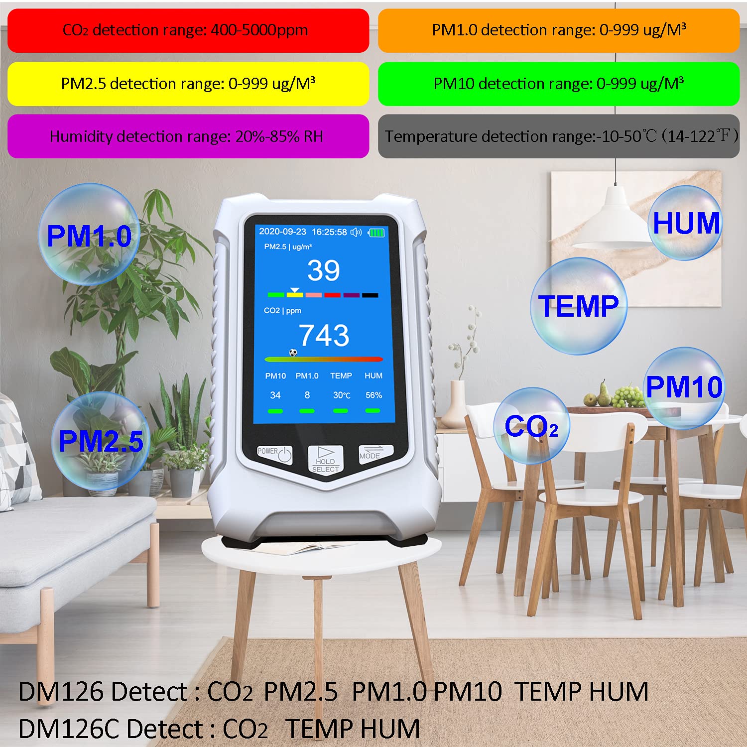 **DM126 Air Quality Monitor & CO2 Detector - PM2.5/PM1.0/PM10 Analyzer with Temperature & Humidity Sensor | NDIR Technology for Home, Office & Indoor Air Quality Monitoring**
