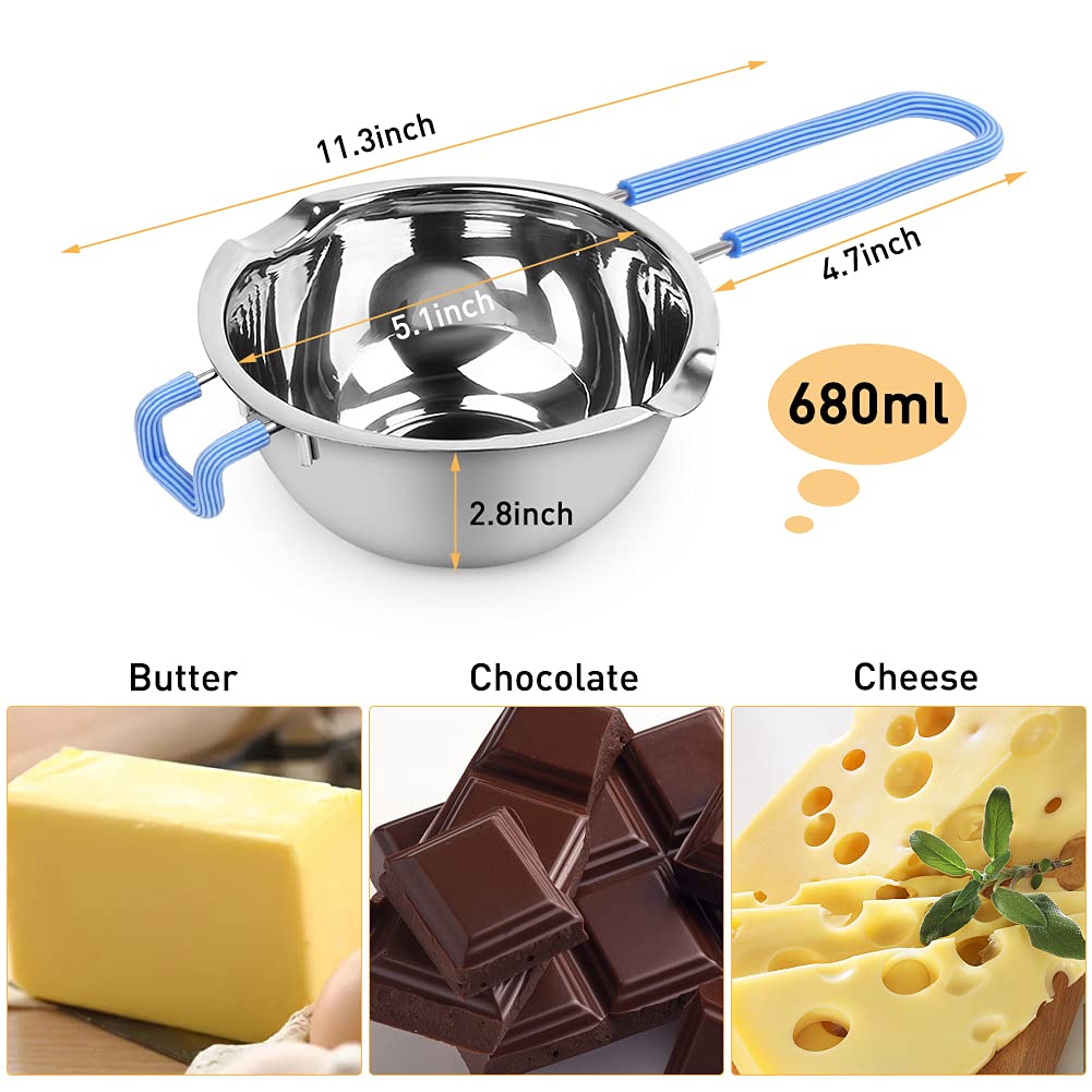 680M Double Boiler Pot Set - 0.7QT Chocolate Melting Pot & 1.7QT Stainless Steel Pot with Heat-Resistant Handle | Perfect for Melting Chocolate, Butter, Candle Making, Candy Crafting, and Soap DIY | Ideal for Home Baking, Candy Shops, and DIY Craft Projects