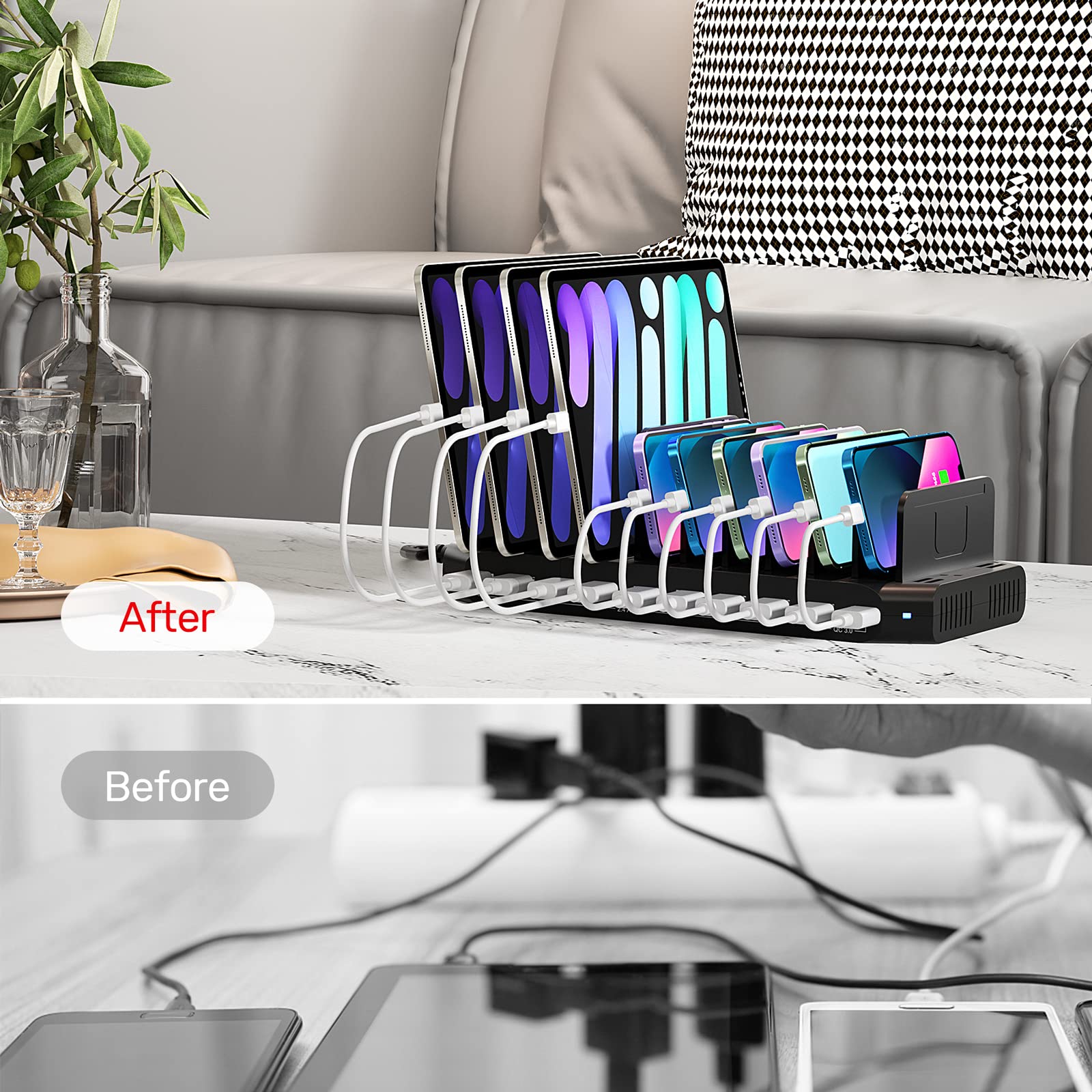 Unitek 6-Port USB Charging Station with Quick Charge 3.0 | Multi-Device Charger Dock for iPhone, Android, iPad, Tablet | Space-Saving Charger Organizer Stand with Dividers | Perfect for Home, Office & Travel Use